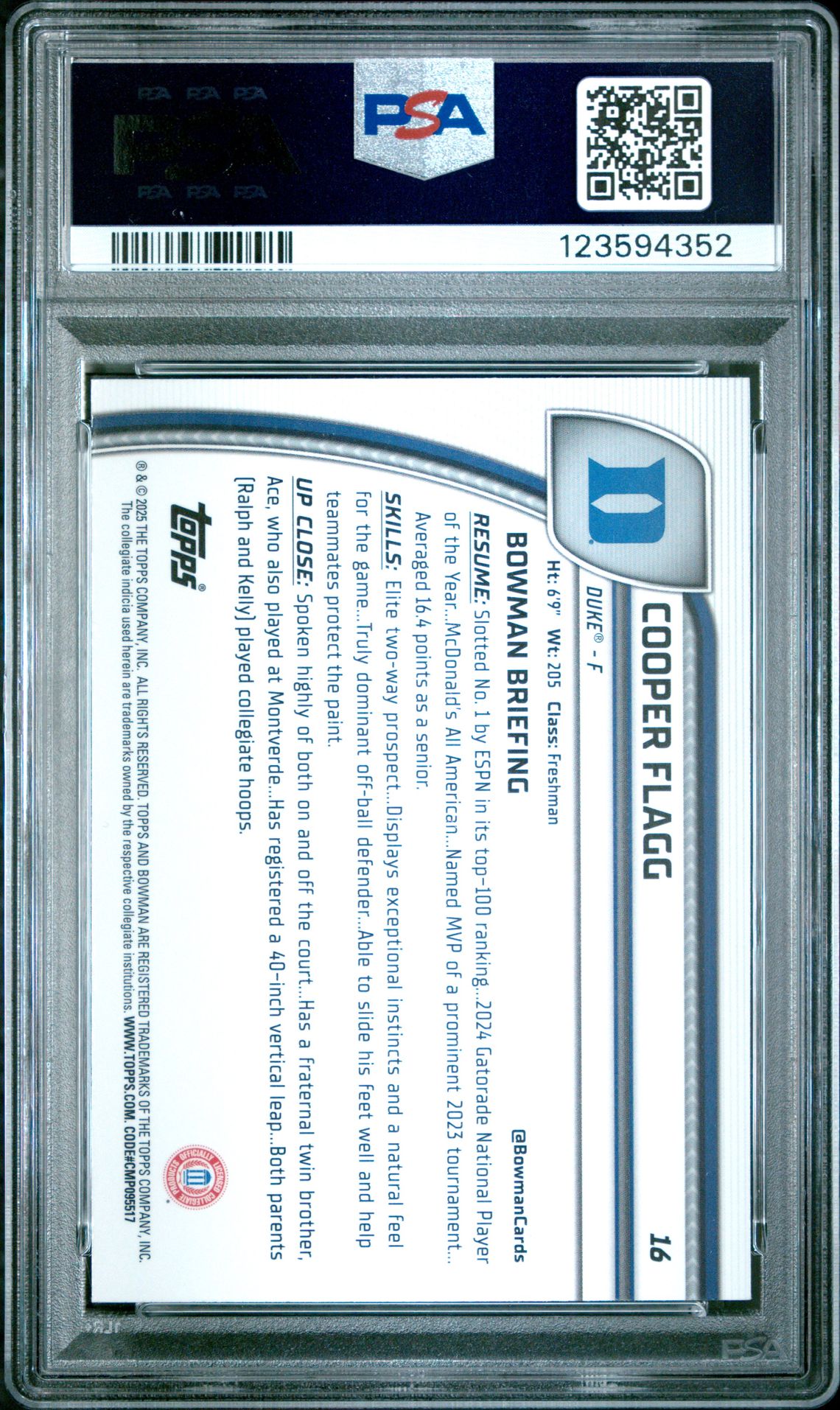 2024 Bowman Chrome University Cooper Flagg #16 (Purple Lava) Gem Mt 10 back