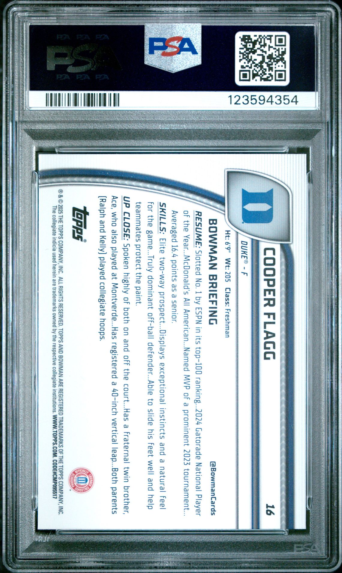 2024 Bowman Chrome University Cooper Flagg #16 (Black Wave) Gem Mt 10 back