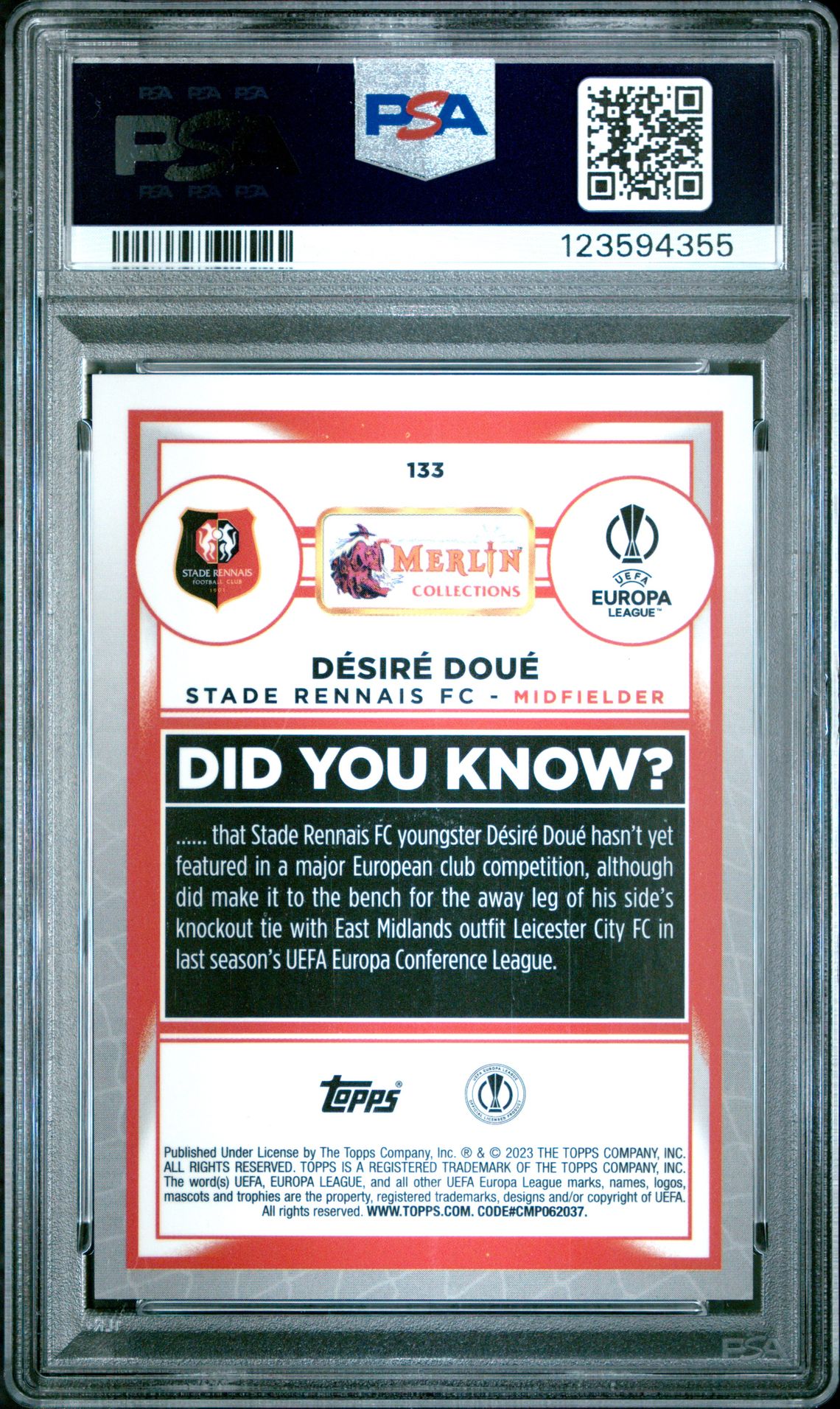 2022-23 Topps Merlin Chrome Uefa Club Competitions Desire Doue #133 (Rose Gold Shimmer) Gem Mt 10 back