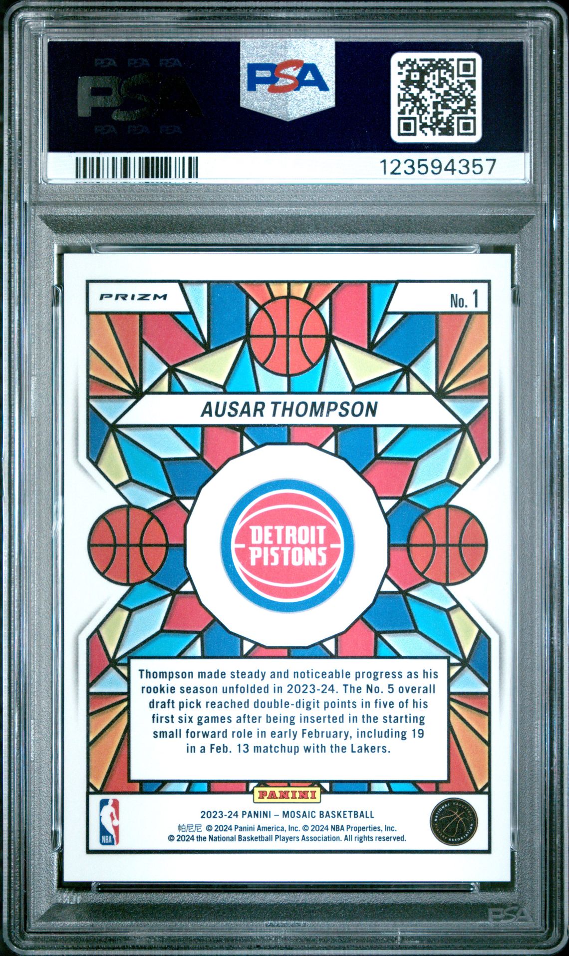 2023 Panini Mosaic Stained Glass Ausar Thompson #1 Gem Mt 10 back