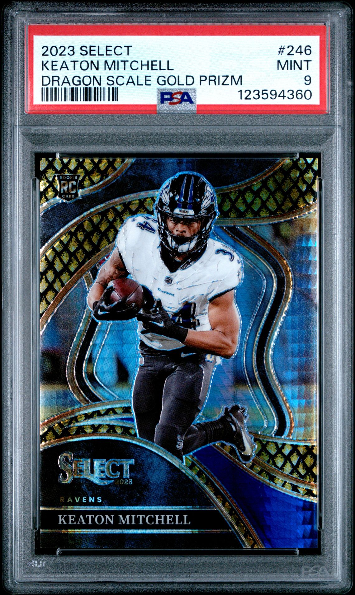 2023 Panini Select Keaton Mitchell #246 (Dragon Scale Gold Prizm) Mint 9 front