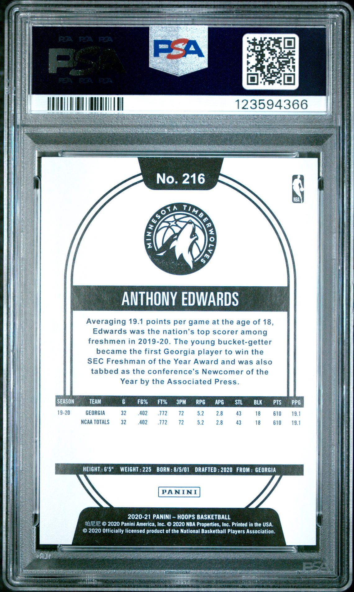 2020 Panini Hoops Anthony Edwards #216 (Yellow) Mint 9 back
