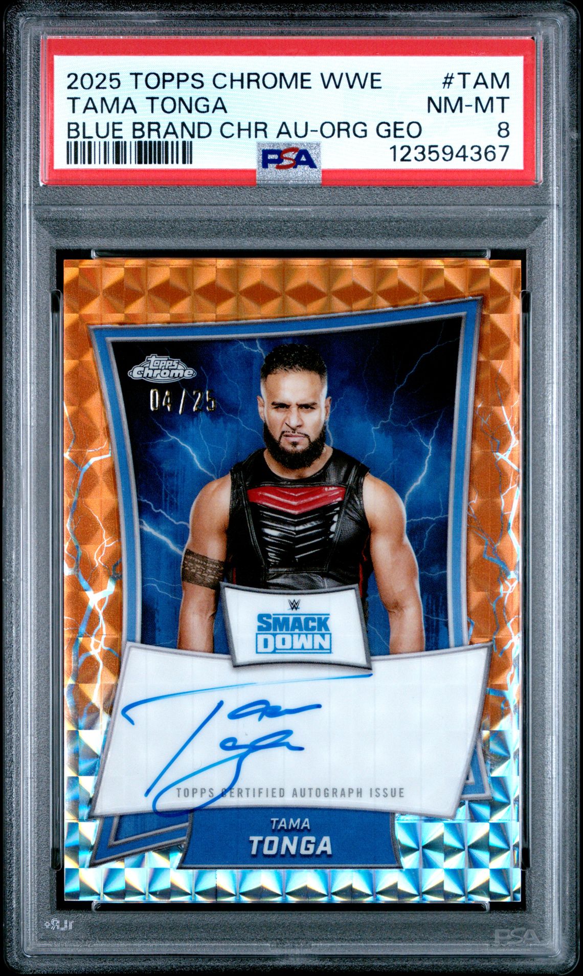 2025 Topps Chrome Wwe Blue Brand Chrome Autographs Tama Tonga #Tam (Blue Brand Chr Au-Org Geo) Nm-Mt 8 front