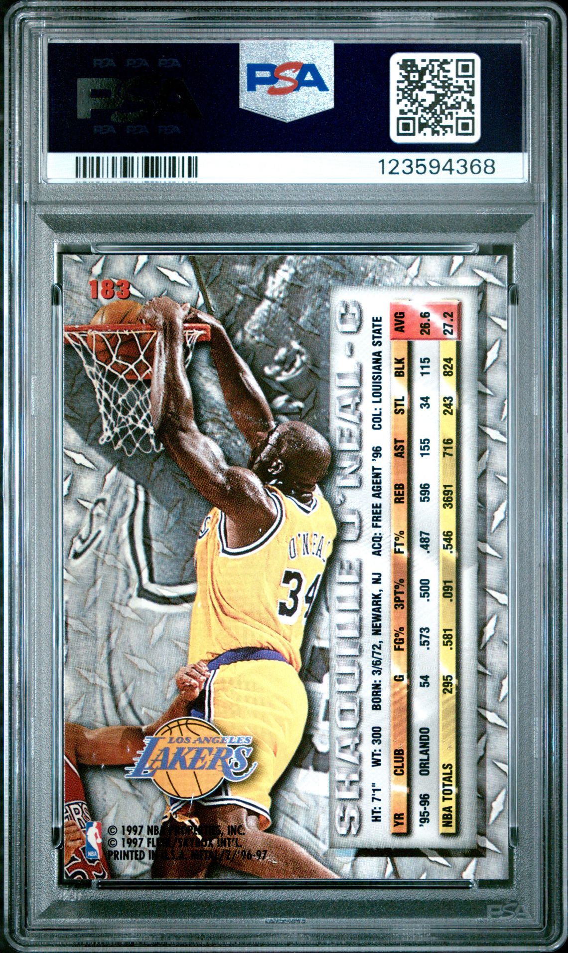 1996 Metal Shaquille O'neal #183 Nm 7 back