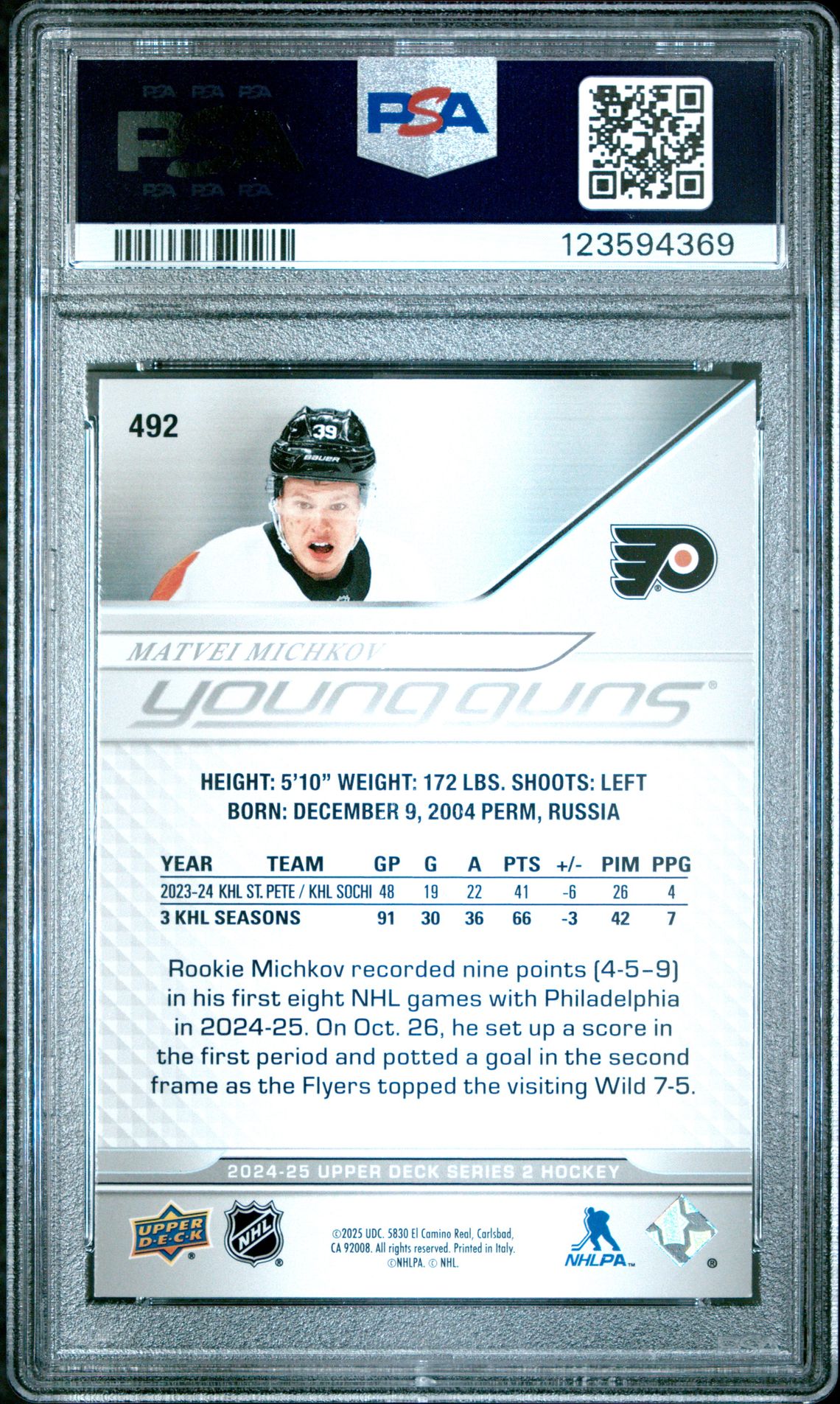 2024 Upper Deck Matvei Michkov #492 Mint 9 back