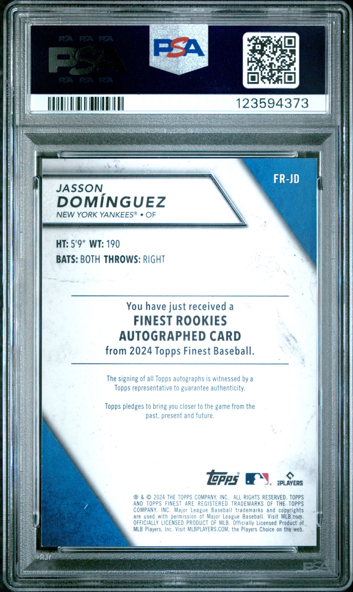 2024 Topps Finest Finest Rookie Design Variation Autographs Jasson Dominguez #Frjd (Rookie Design Var Autograph) Mint 9 back