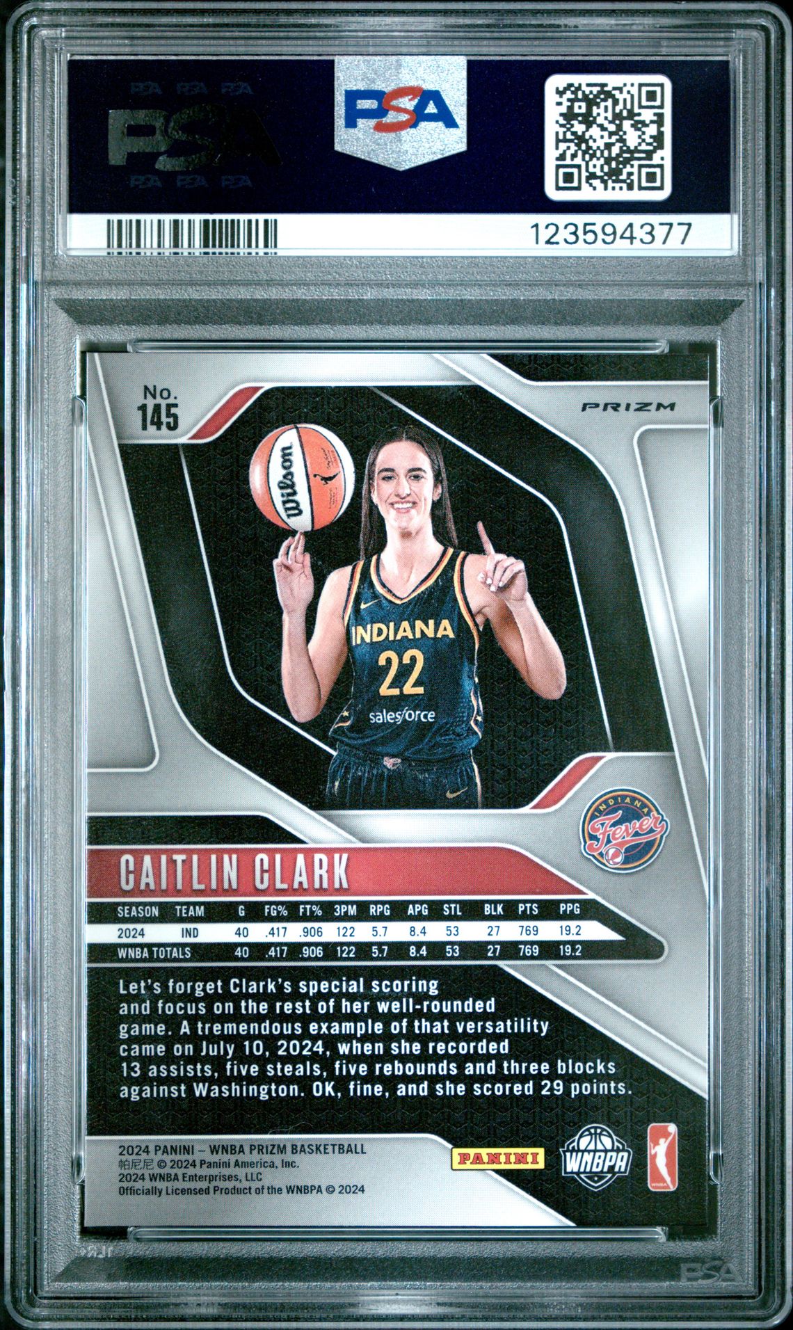 2024 Panini Prizm Wnba Caitlin Clark #145 (Ice) Gem Mt 10 back