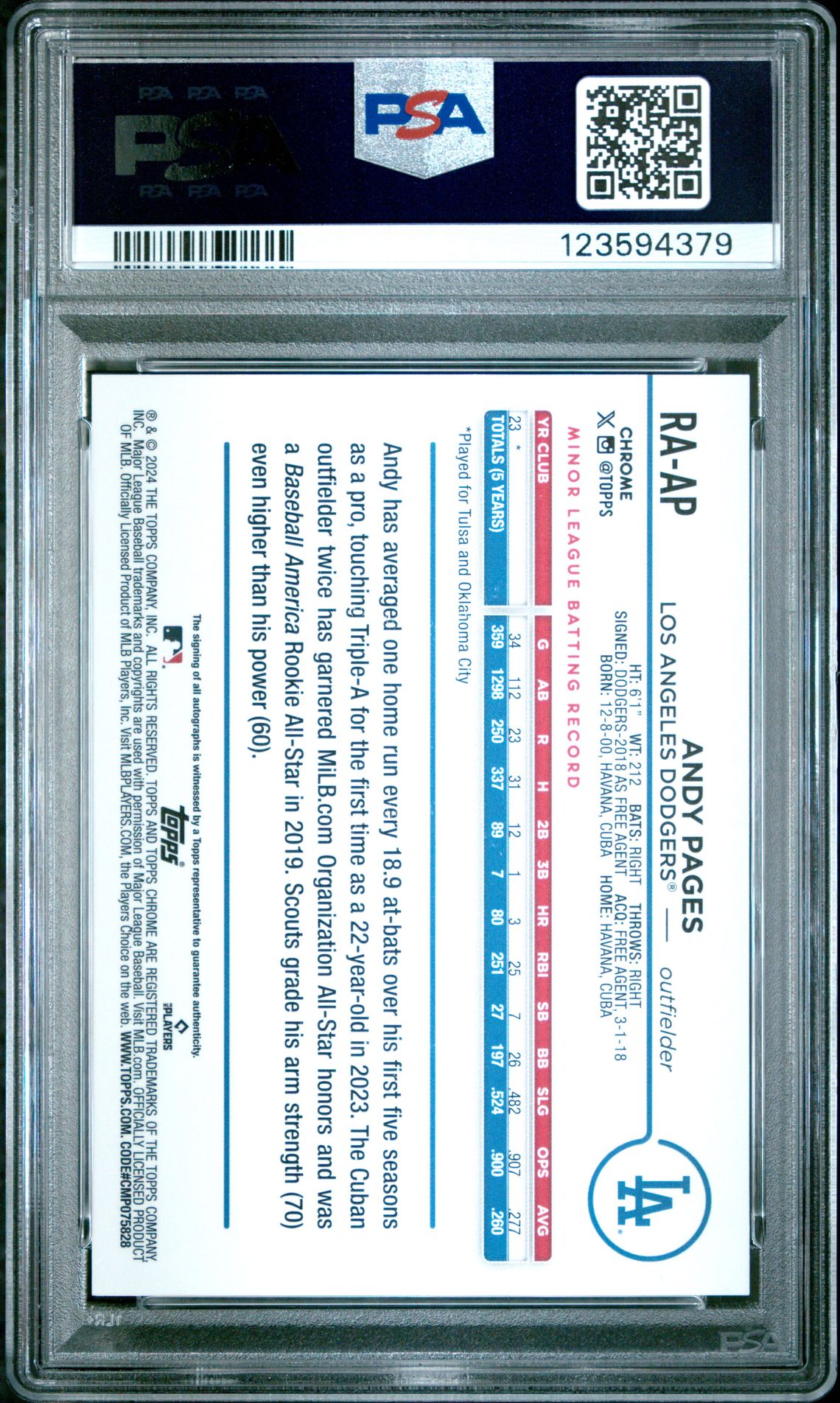 2024 Topps Chrome Update Chrome Baseball Update Series Autographs Andy Pages #Raap (Autograph-Purple Speckle) Gem Mt 10 back