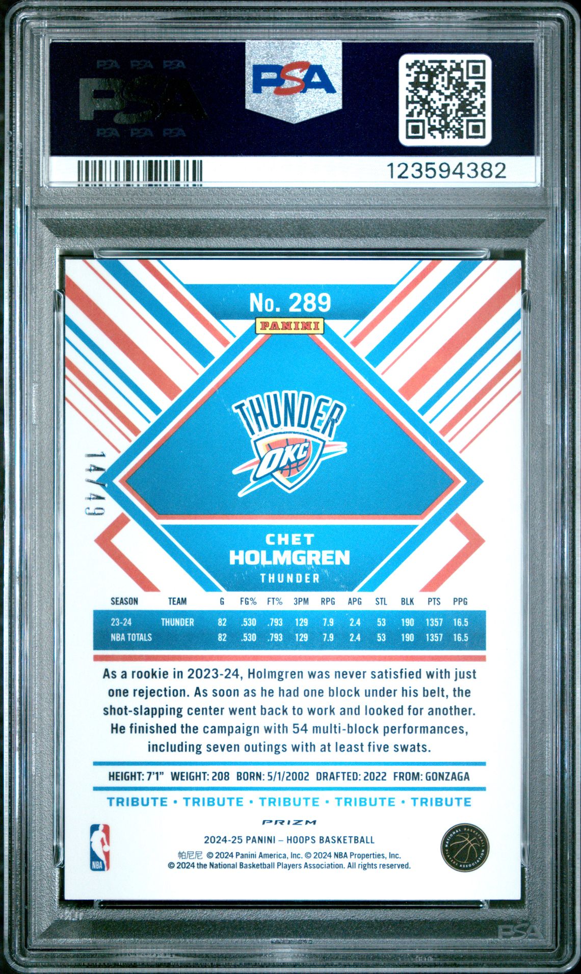 2024 Panini Nba Hoops Chet Holmgren #289 (Premium Prizms Red Scope) Gem Mt 10 back