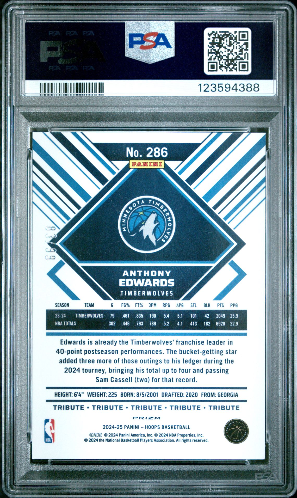 2024 Panini Nba Hoops Anthony Edwards #286 (Premium Prizms Blue Scope) Gem Mt 10 back