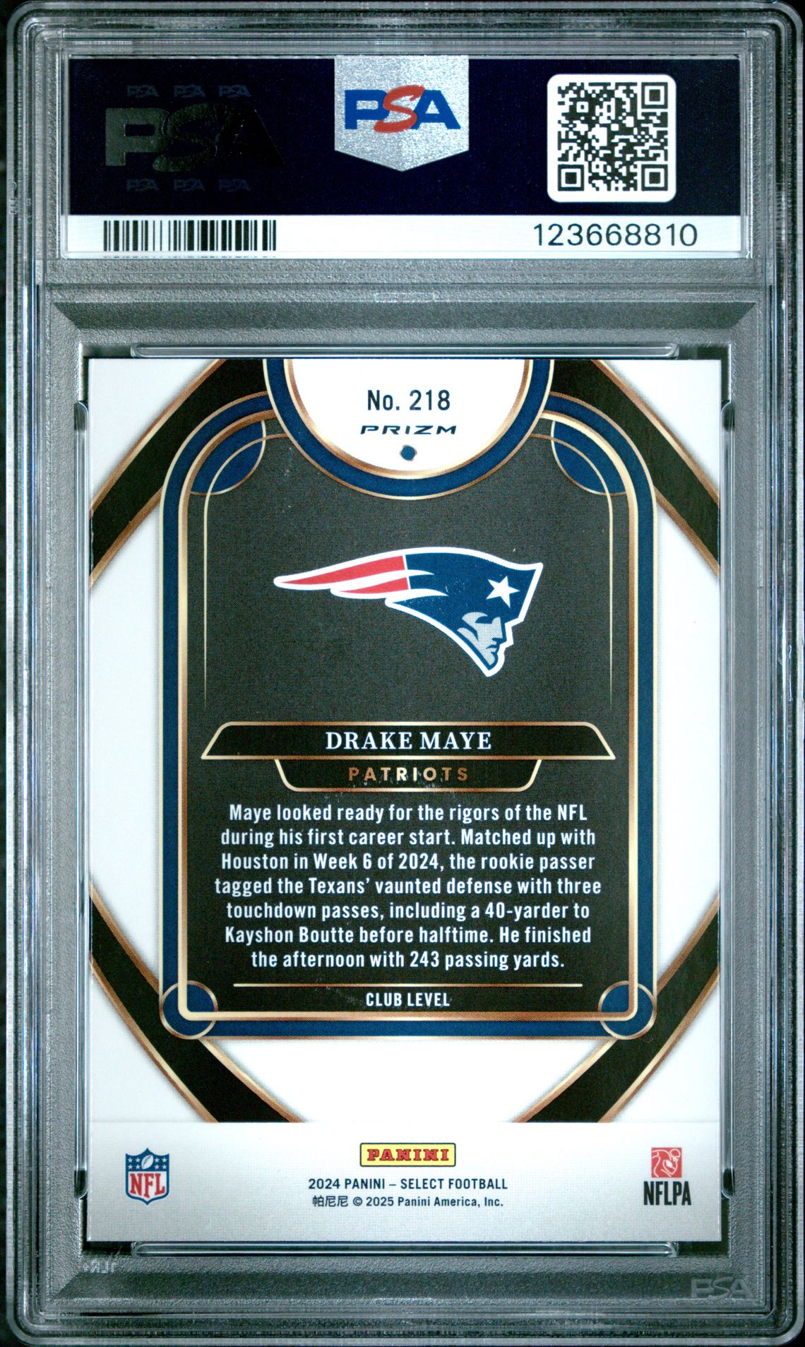 2024 Panini Select Drake Maye #218 (Green & Yellow Shock) Mint 9 back