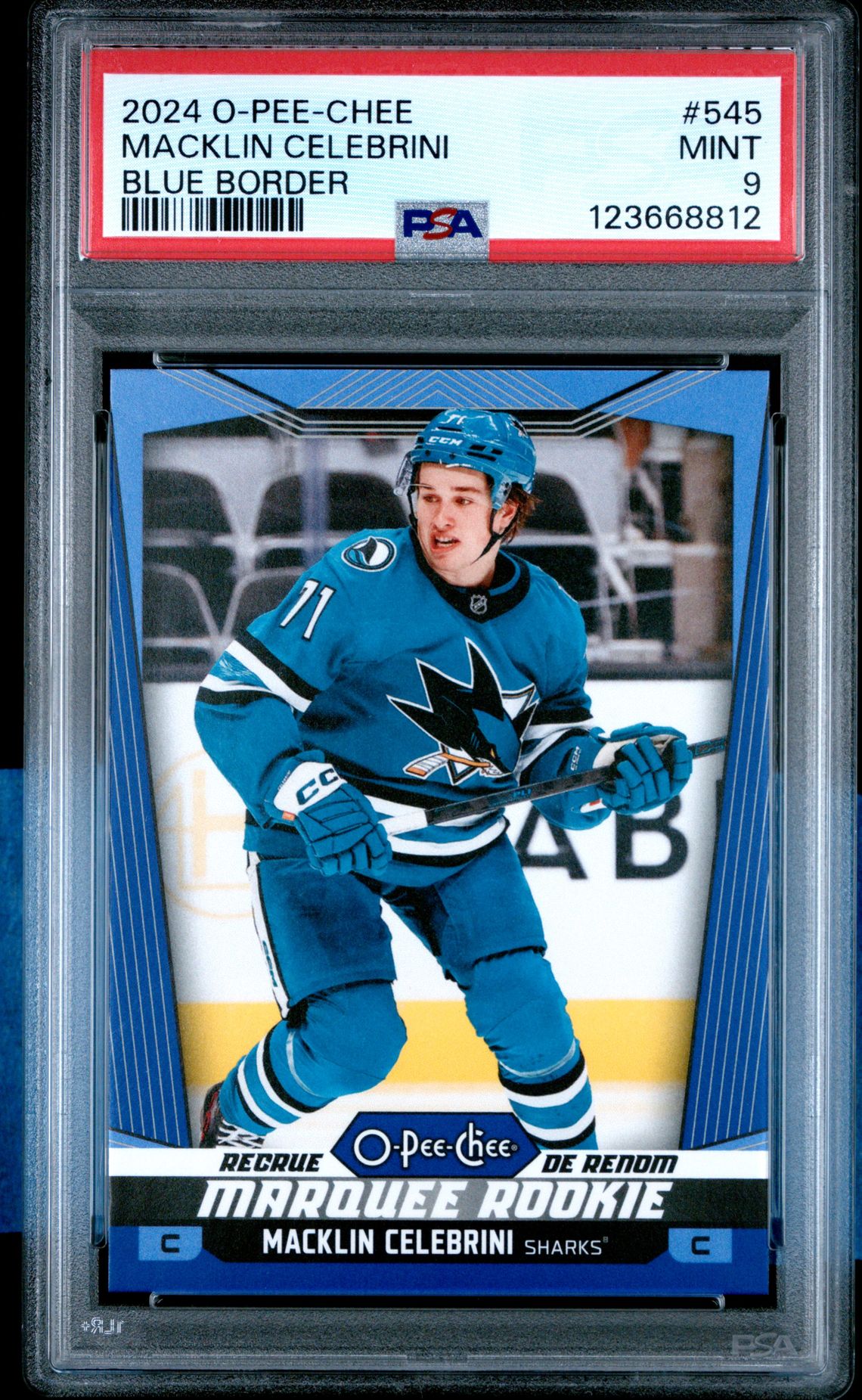 2024 Upper Deck O-Pee-Chee Macklin Celebrini #545 (Blue Border) Mint 9 front