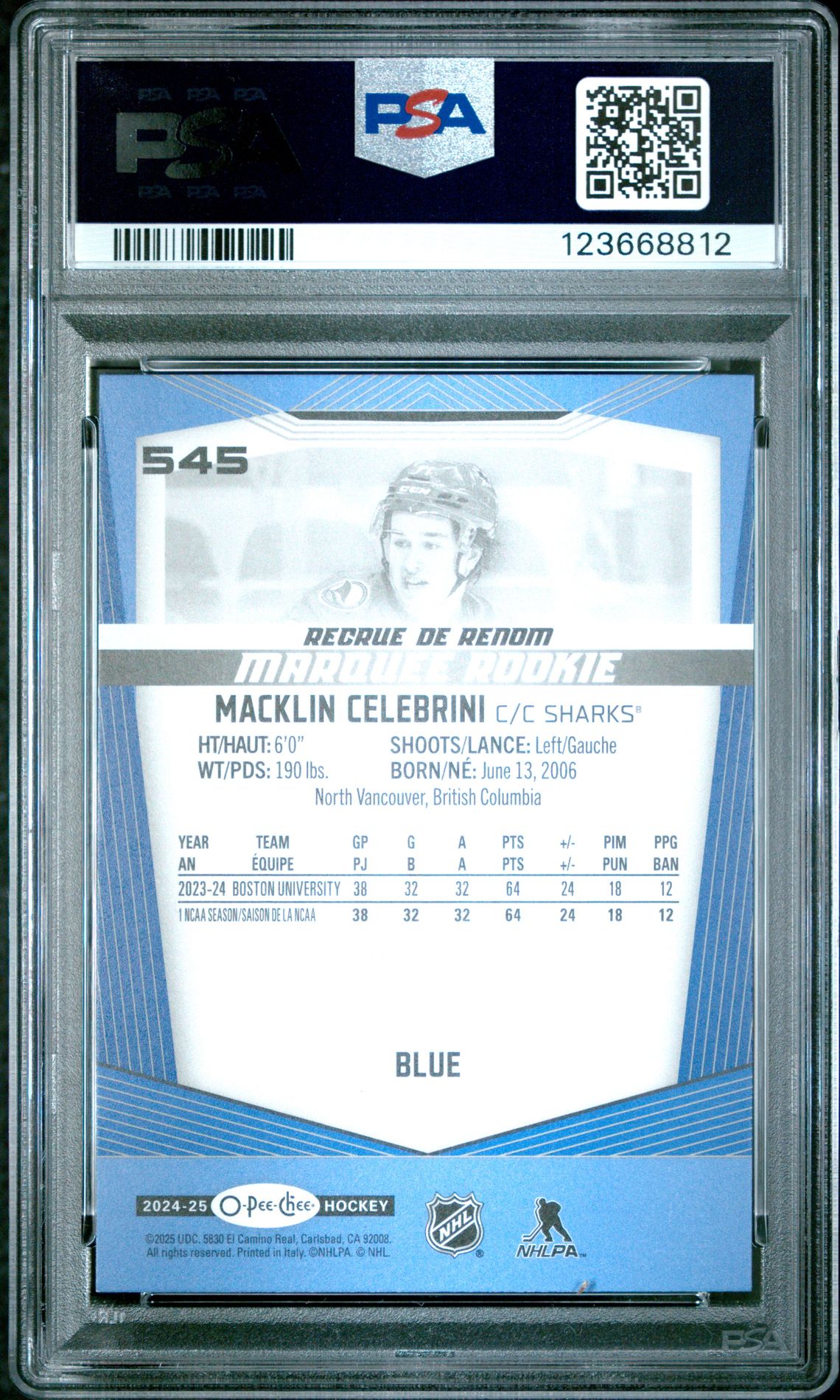 2024 Upper Deck O-Pee-Chee Macklin Celebrini #545 (Blue Border) Mint 9 back