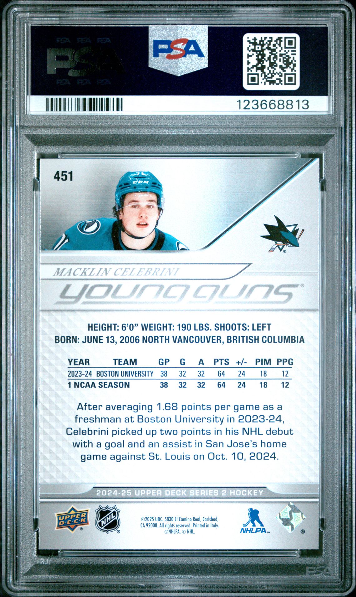 2024 Upper Deck Macklin Celebrini #451 Mint 9 back