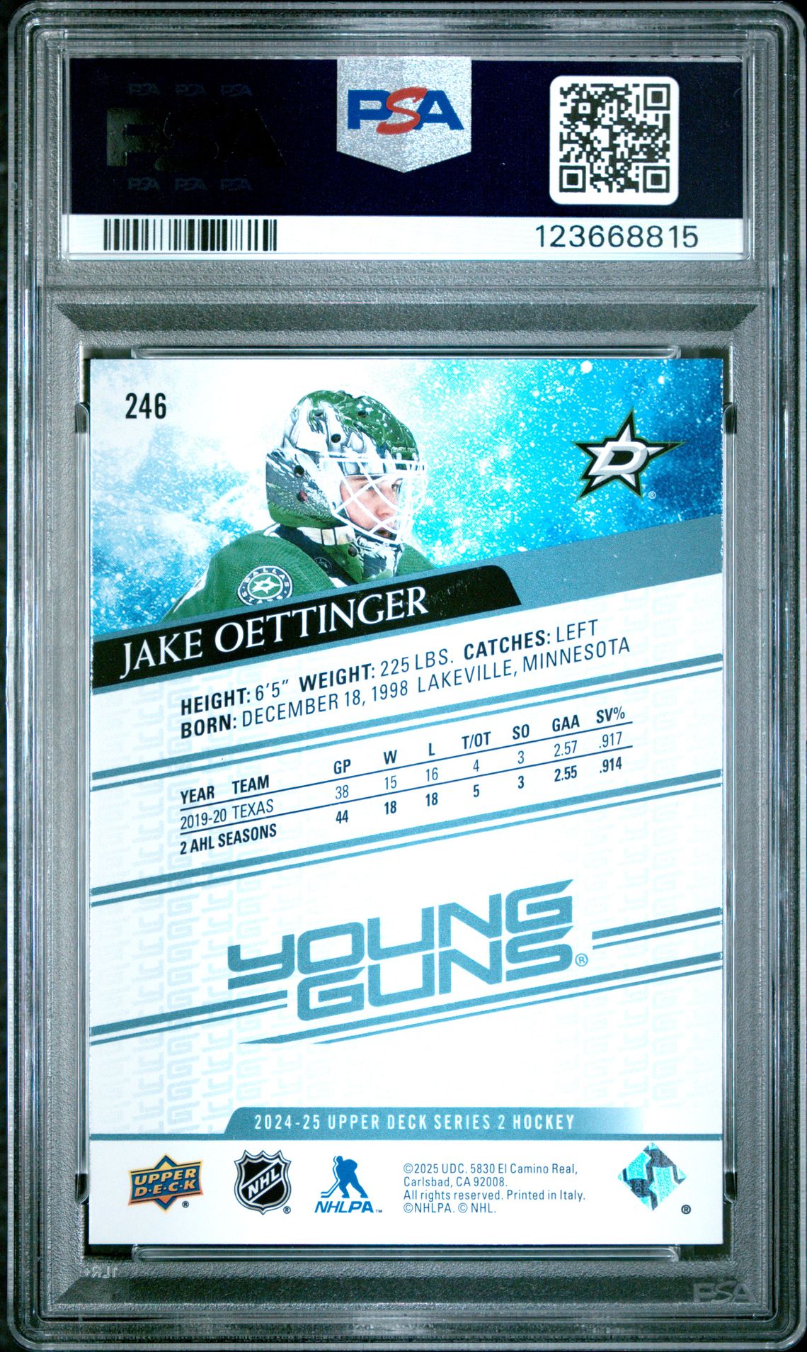 2024 Upper Deck Young Guns Renewed Jake Oettinger #246 Gem Mt 10 back