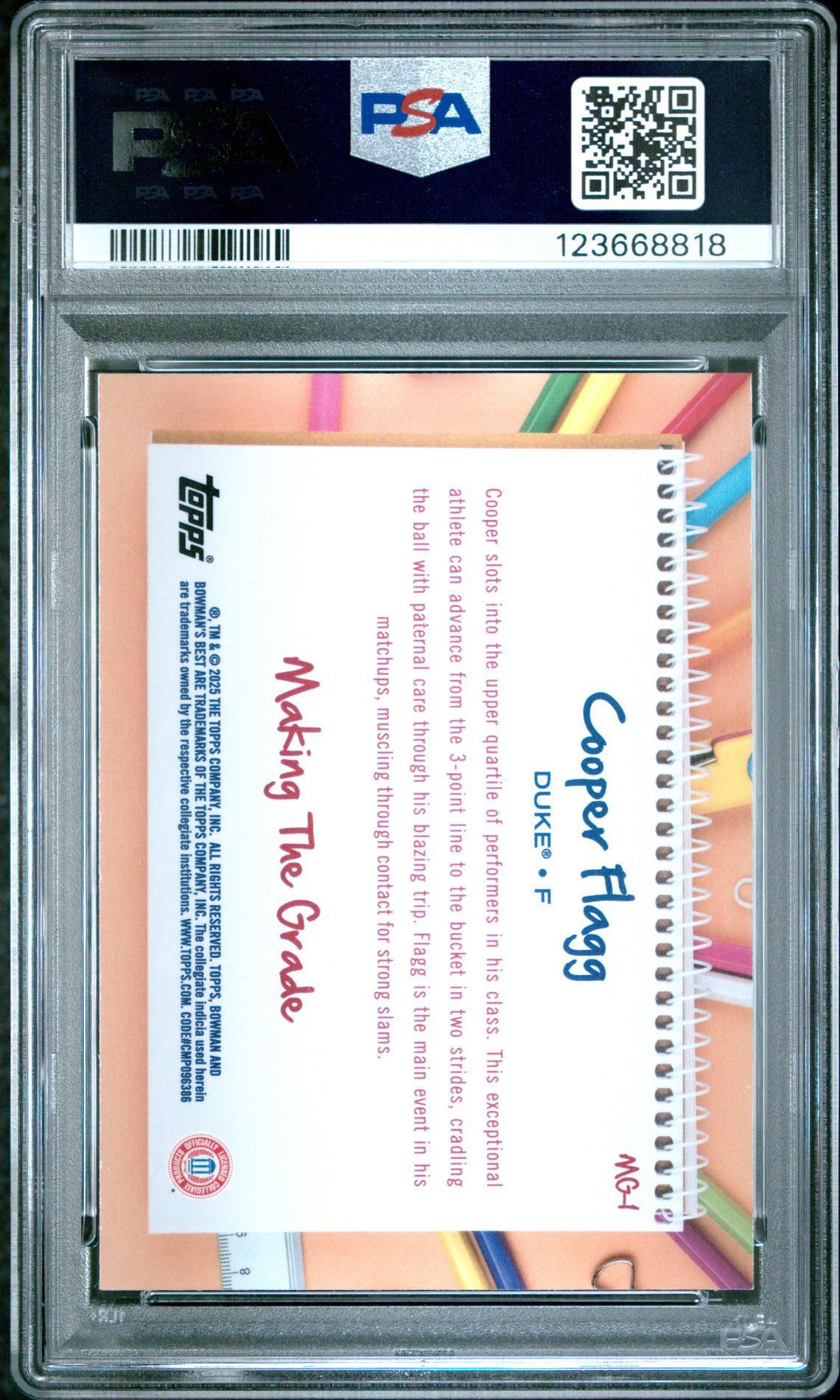 2024 Bowman University Best Making The Grade Cooper Flagg #Mg1 (Making/Grade-Shimmer Ref) Mint 9 back