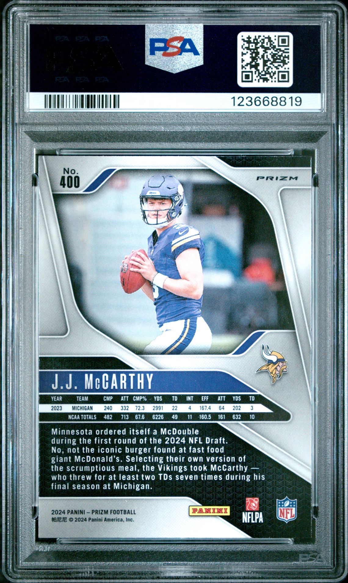 2024 Panini Prizm Jj Mccarthy #400 (Pink Wave) Gem Mt 10 back