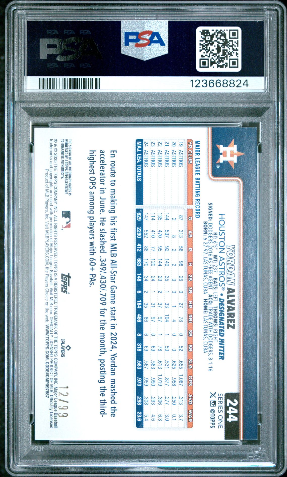 2025 Topps Yordan Alvarez #244 (Autograph-Green Foil) Mint 9 back