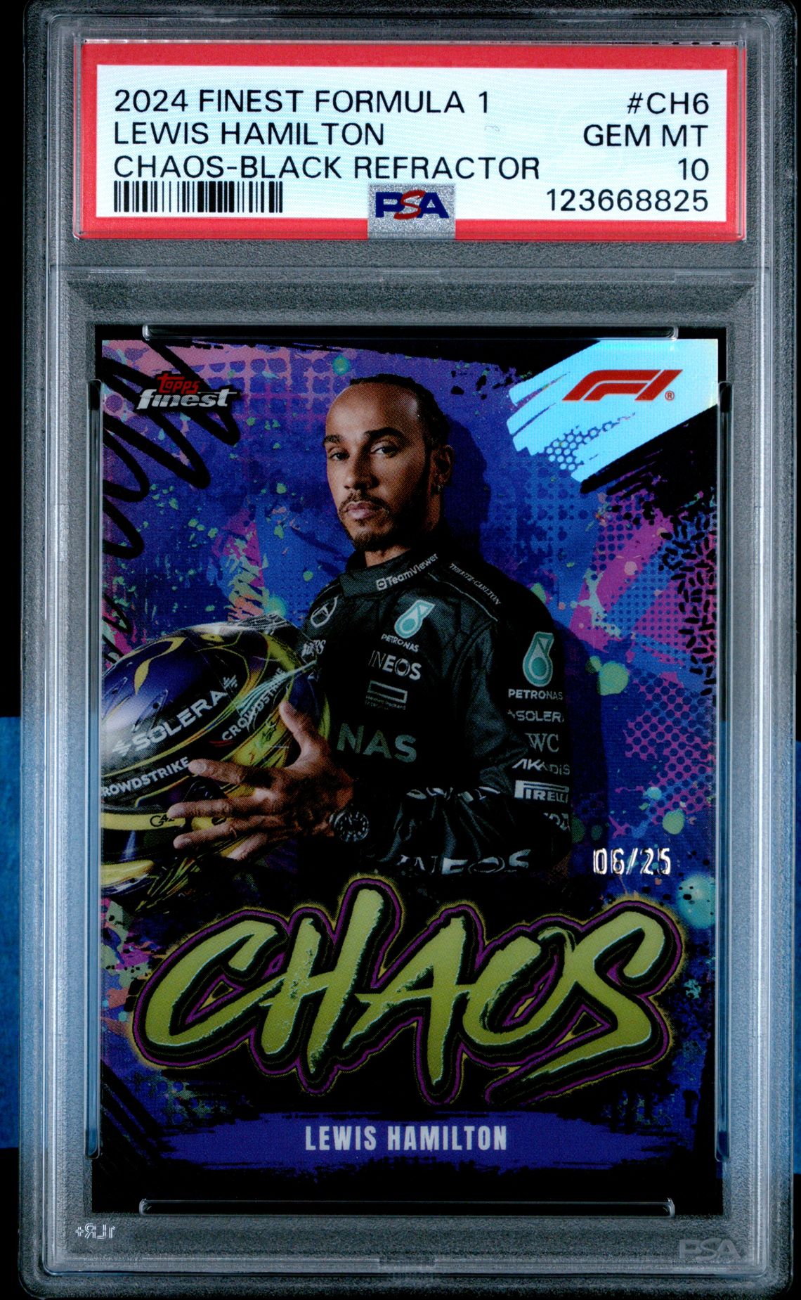 2024 Topps Finest Formula 1 Chaos Lewis Hamilton #Ch6 (Chaos-Black Refractor) Gem Mt 10 front