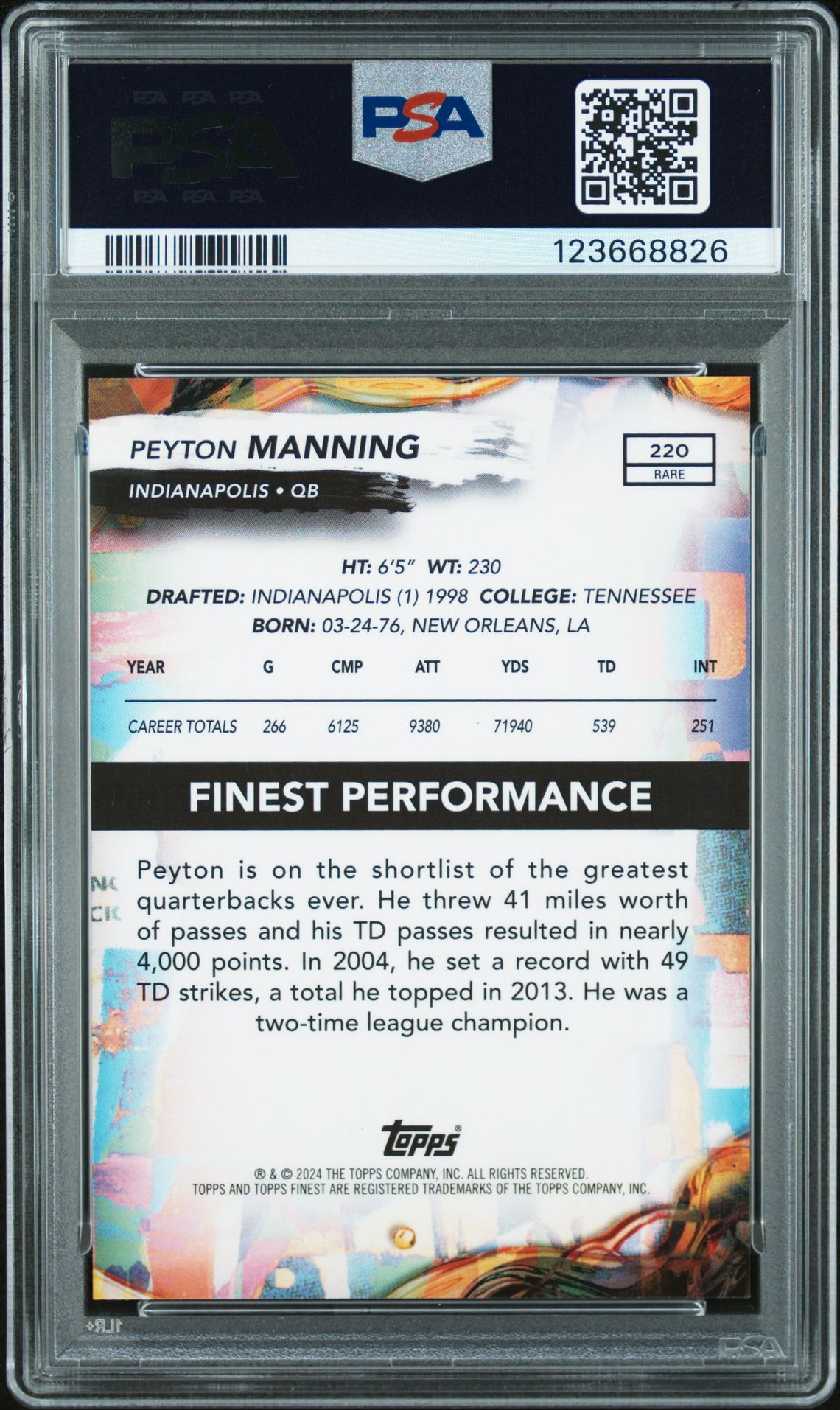 2024 Topps Finest Peyton Manning #220 (Gold Refractor) Gem Mt 10 back