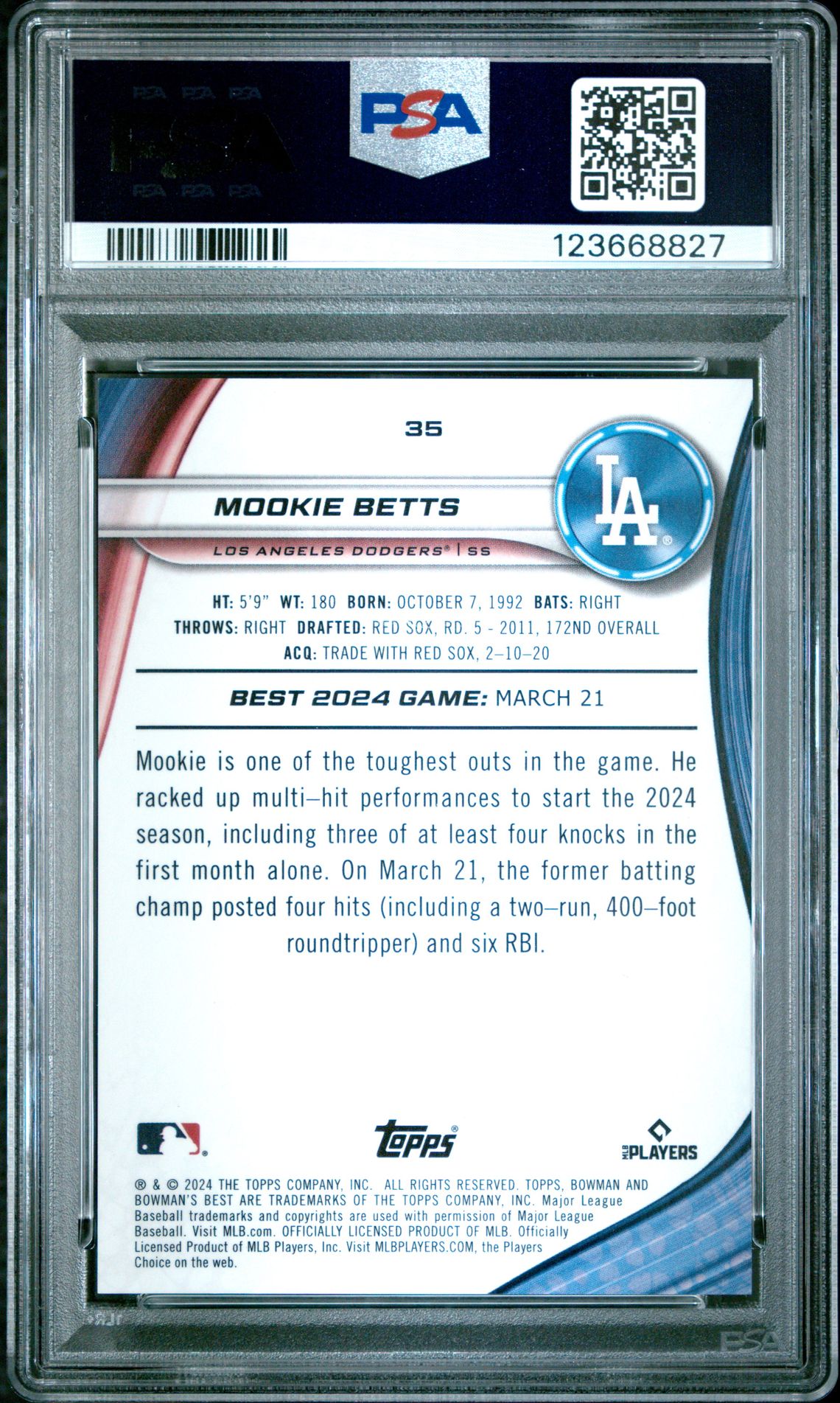 2024 Bowman's Best Mookie Betts #35 (Black Refractor) Gem Mt 10 back