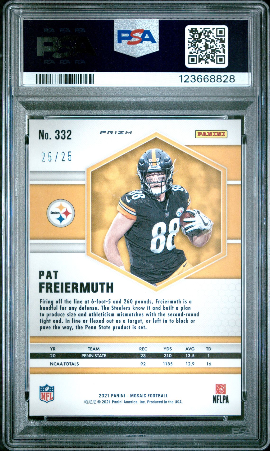 2021 Panini Mosaic Pat Freiermuth #332 (Orange Fluorescent) Gem Mt 10 back
