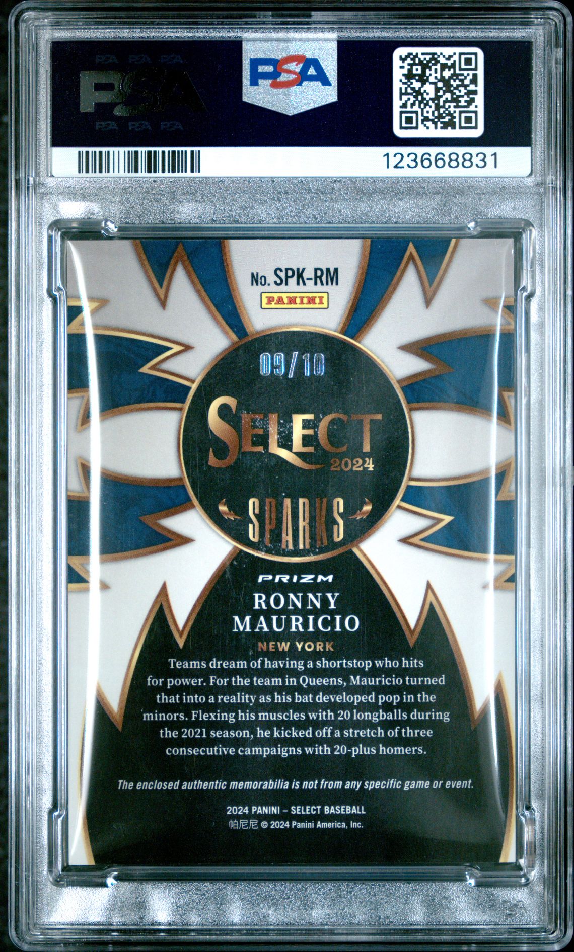 2024 Panini Select Sparks Materials Ronny Mauricio #Spkrm (Sparks Material-Gold) Mint 9 back