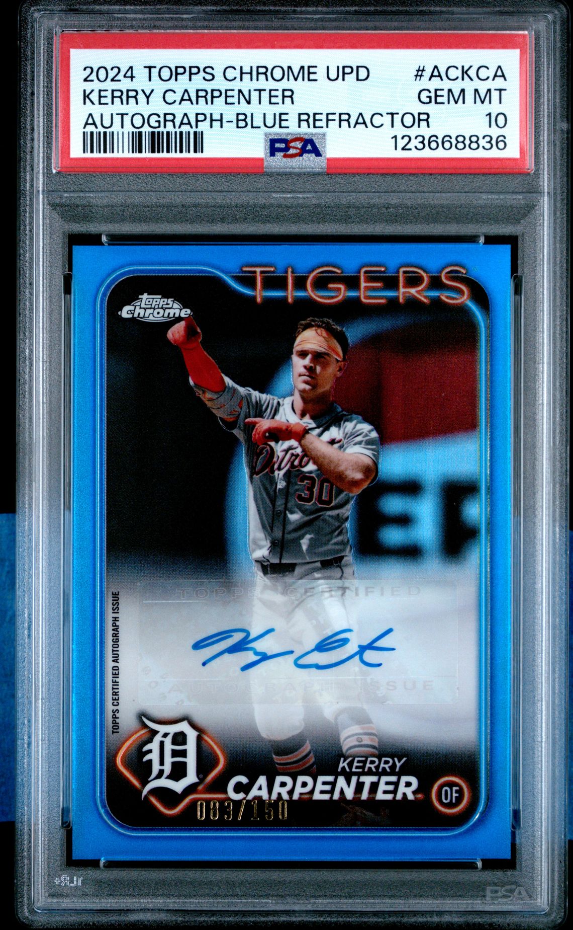 2024 Topps Chrome Update Chrome Baseball Update Series Autographs Kerry Carpenter #Ackca (Autograph-Blue Refractor) Gem Mt 10 front