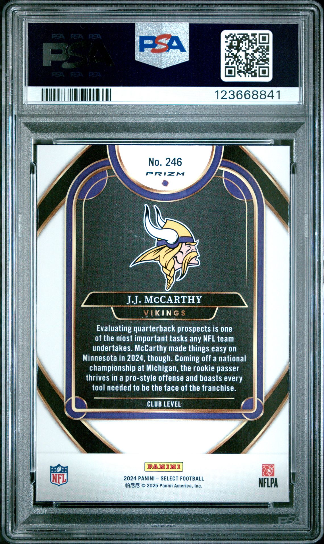 2024 Panini Select Jj Mccarthy #246 (Silver Prizm) Gem Mt 10 back