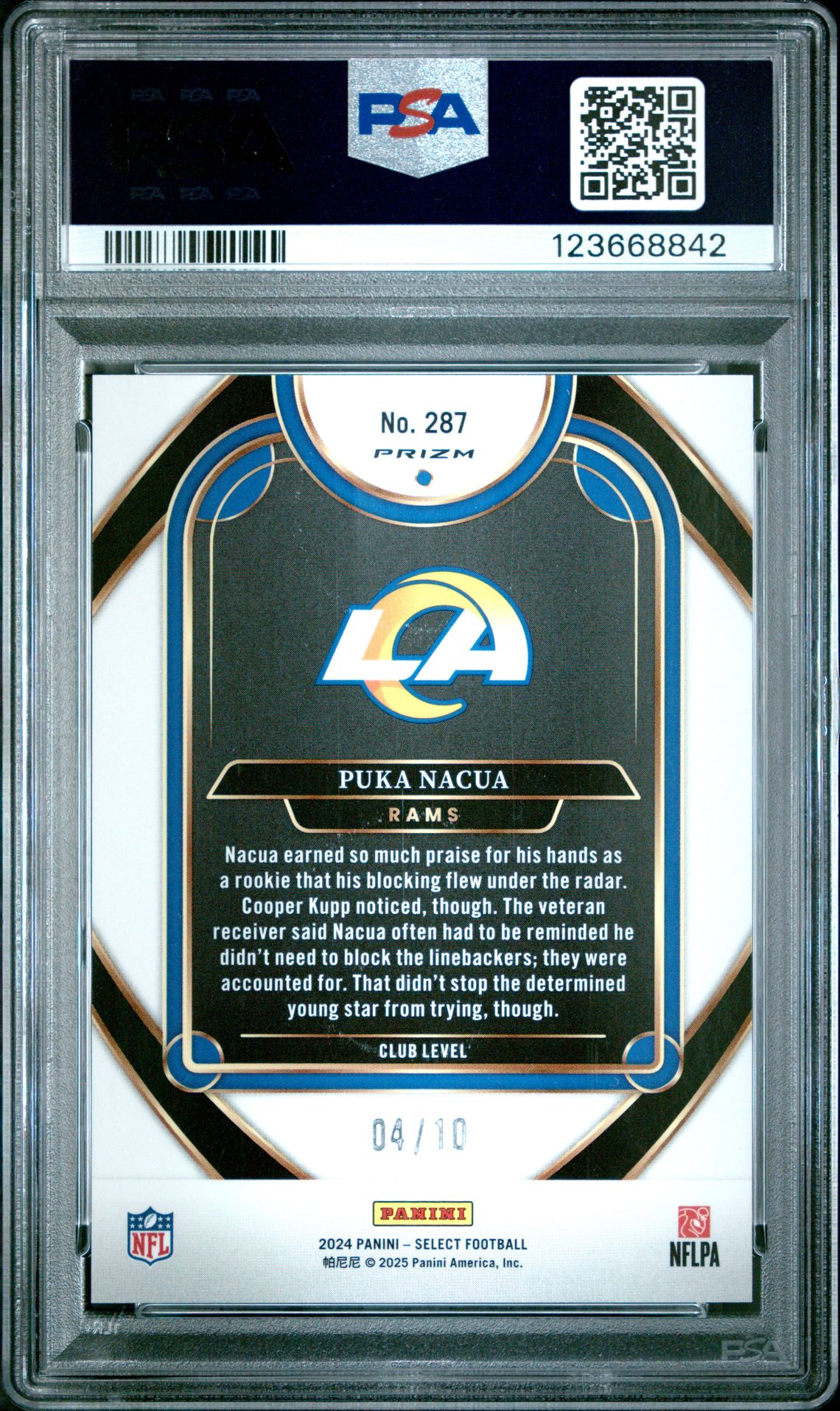 2024 Panini Select Puka Nacua #287 (Gold Prizm) Mint 9 back