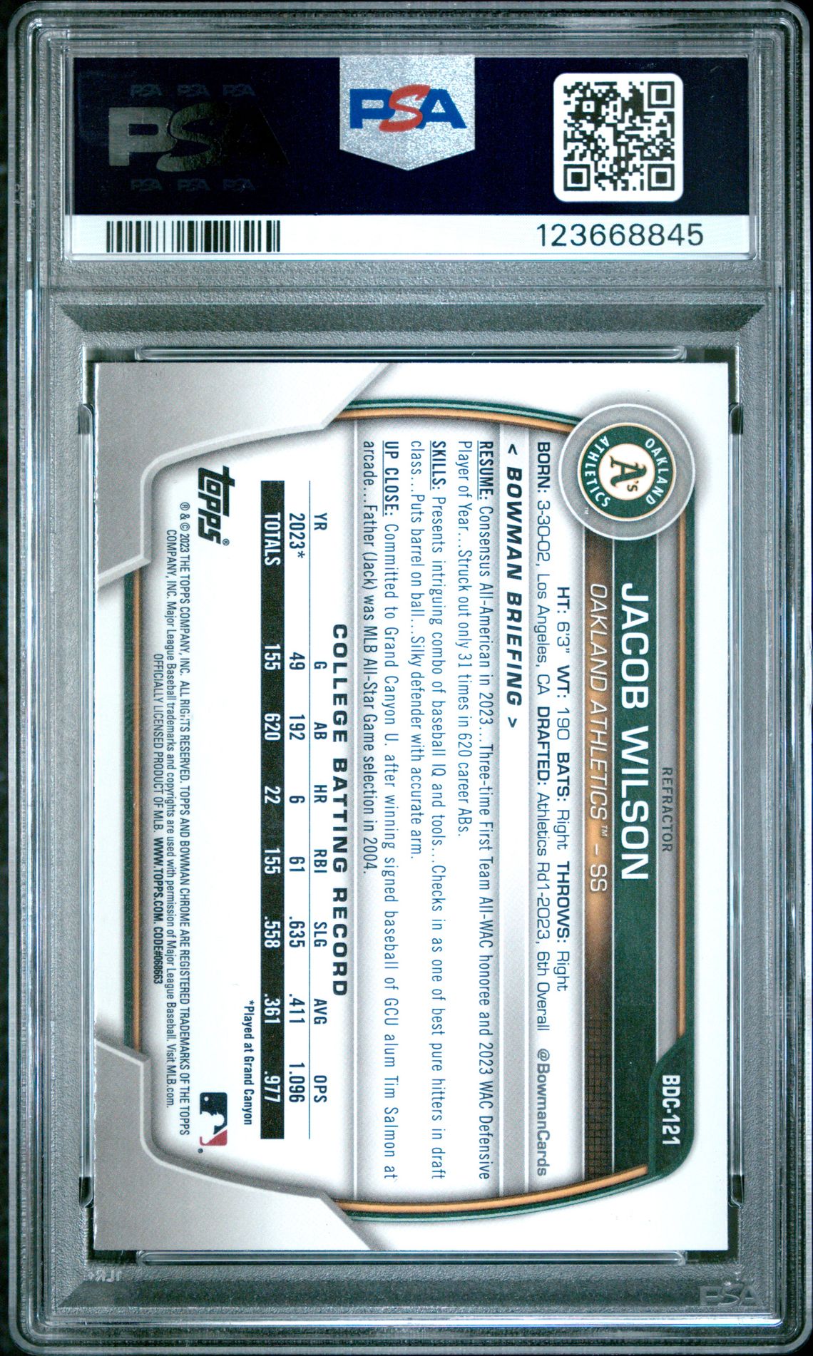 2023 Bowman Draft Jacob Wilson #Bdc121 (Chrome-Refractor) Gem Mt 10 back