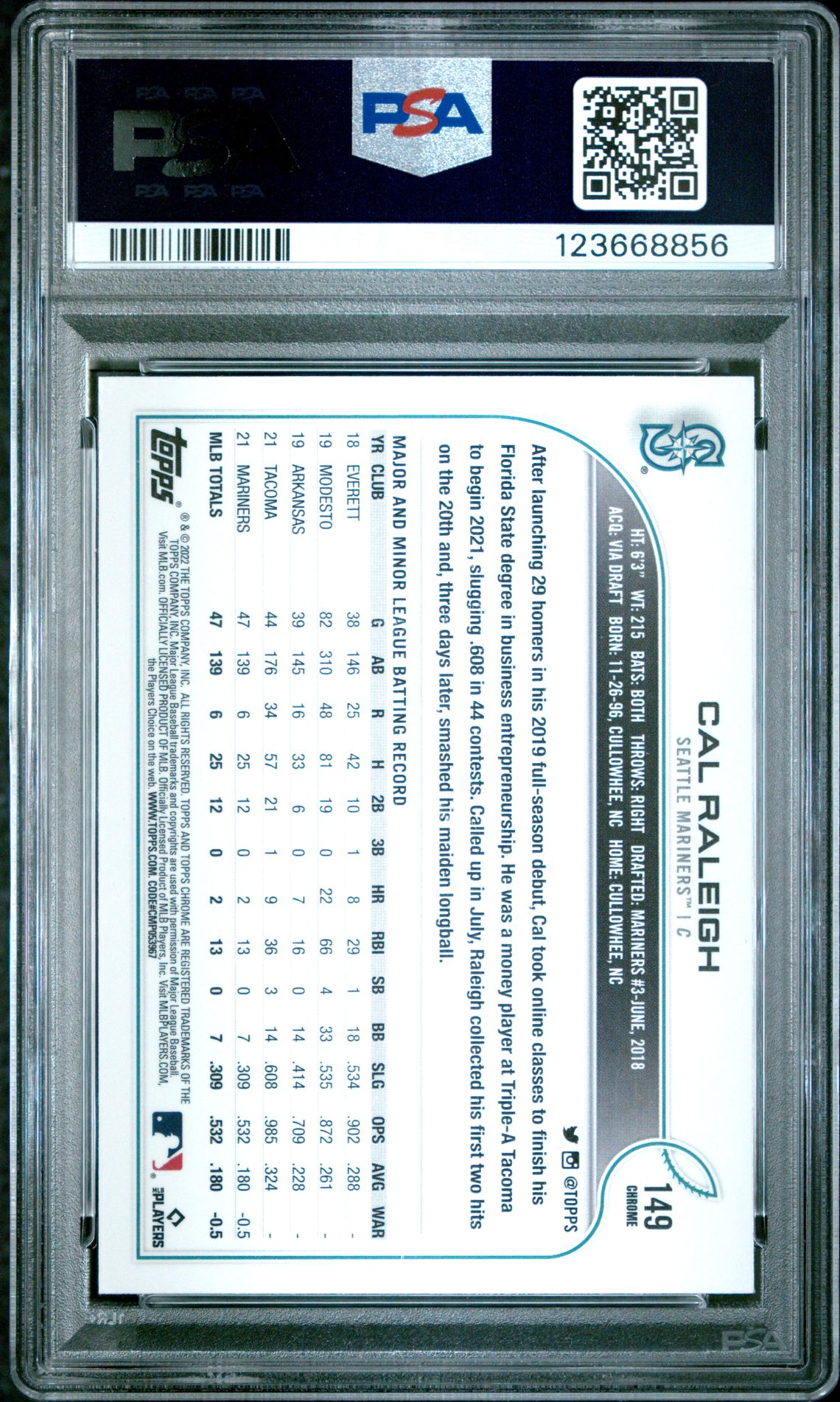 2022 Topps Chrome Cal Raleigh #149 (Pink Refractor) Gem Mt 10 back