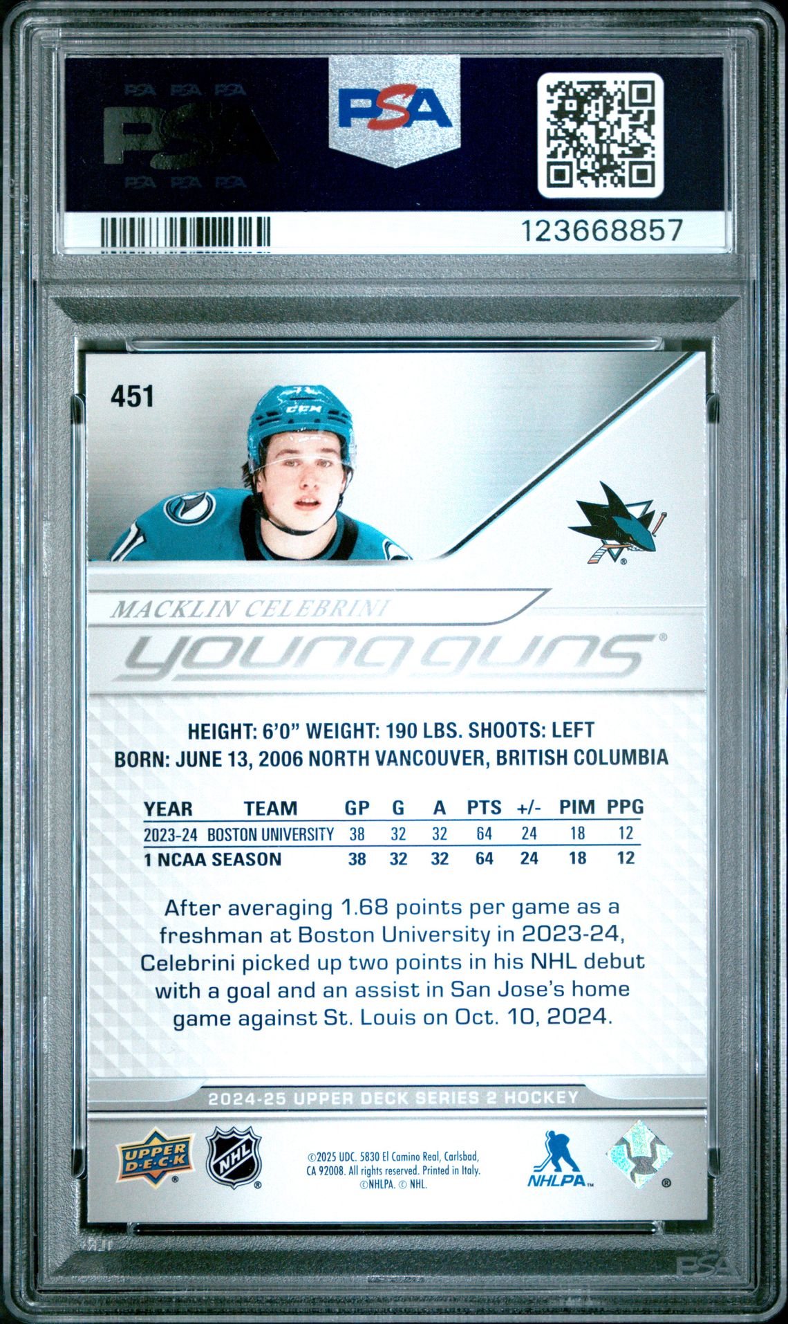 2024 Upper Deck Macklin Celebrini #451 Gem Mt 10 back