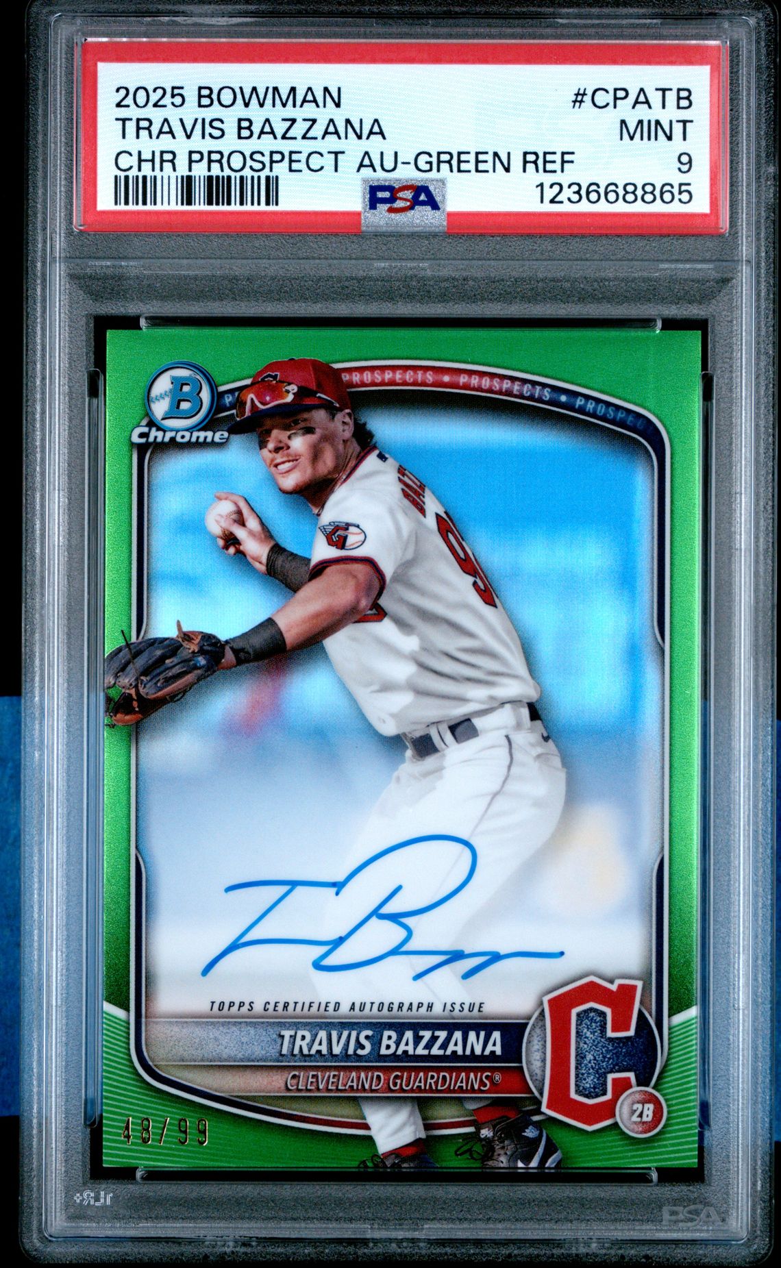 2025 Bowman Chrome Prospect Autographs Travis Bazzana #Cpatb (Chr Prospect Au-Green Ref) Mint 9 front