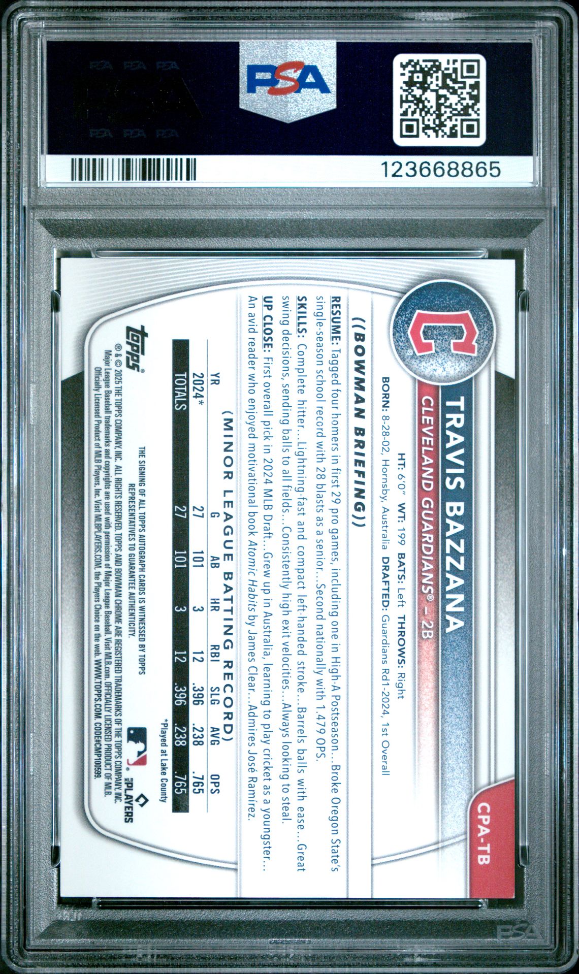 2025 Bowman Chrome Prospect Autographs Travis Bazzana #Cpatb (Chr Prospect Au-Green Ref) Mint 9 back