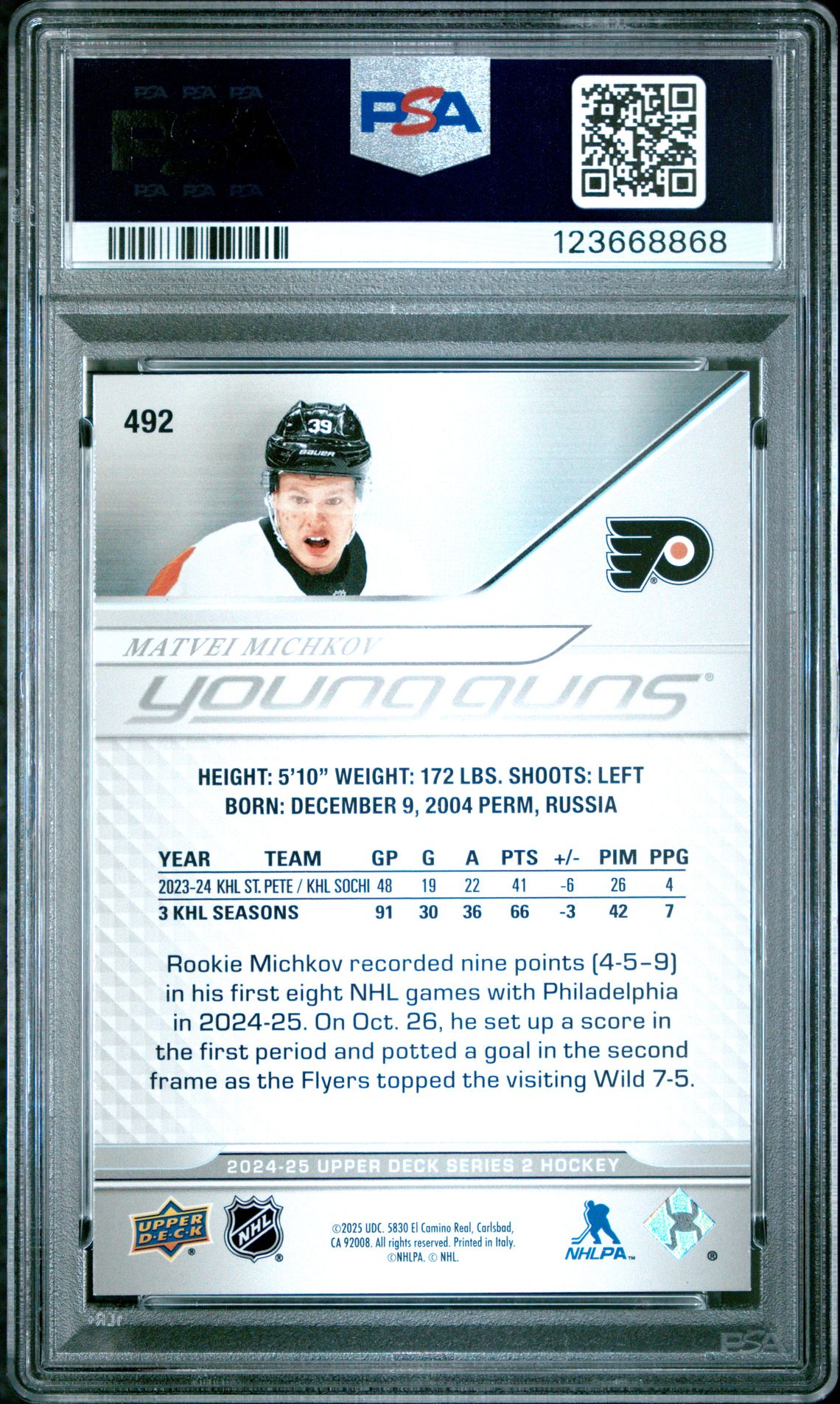 2024 Upper Deck Matvei Michkov #492 Mint 9 back