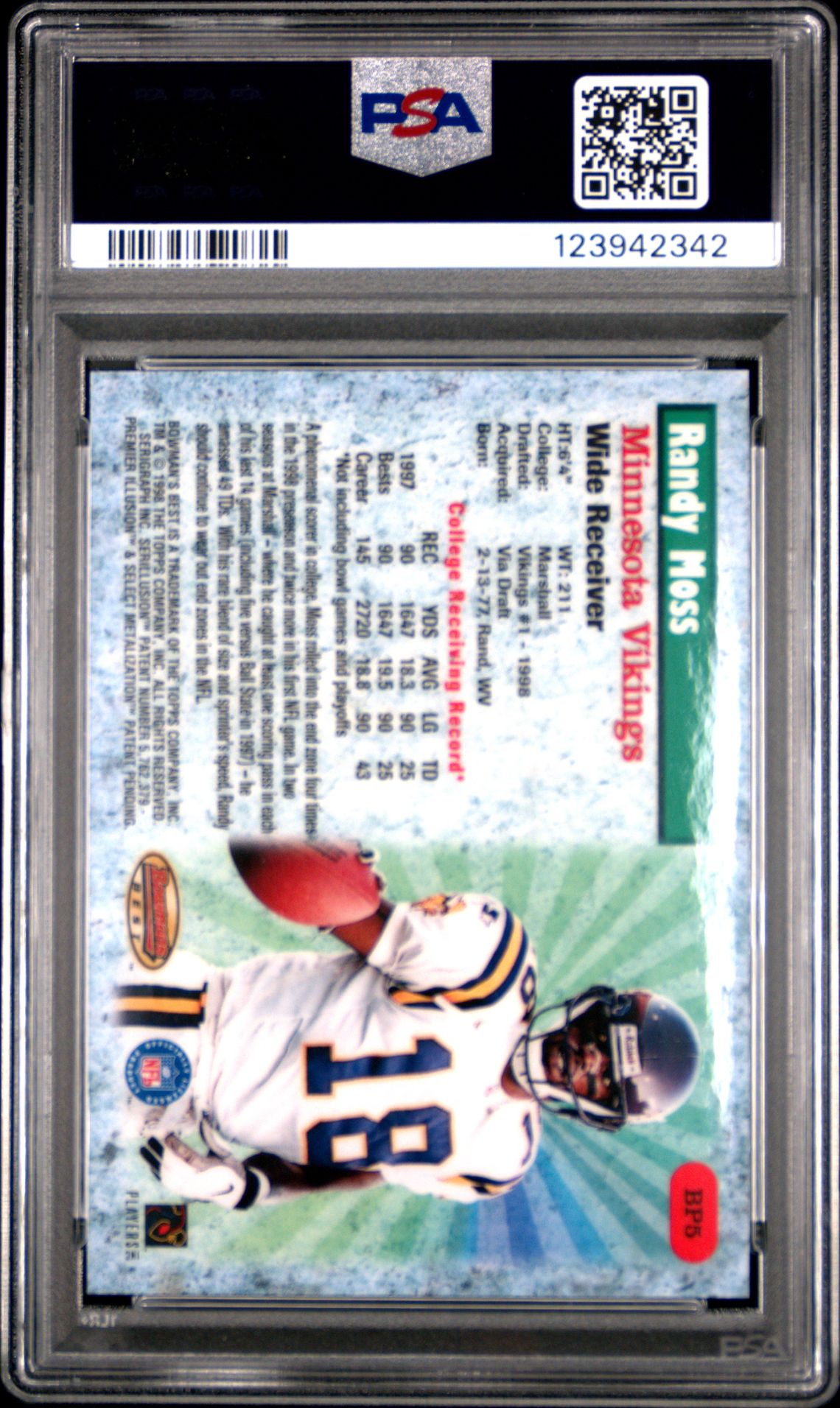 1998 Bowman's Best Best Performers Randy Moss #Bp5 (Best Performers) Mint 9 back