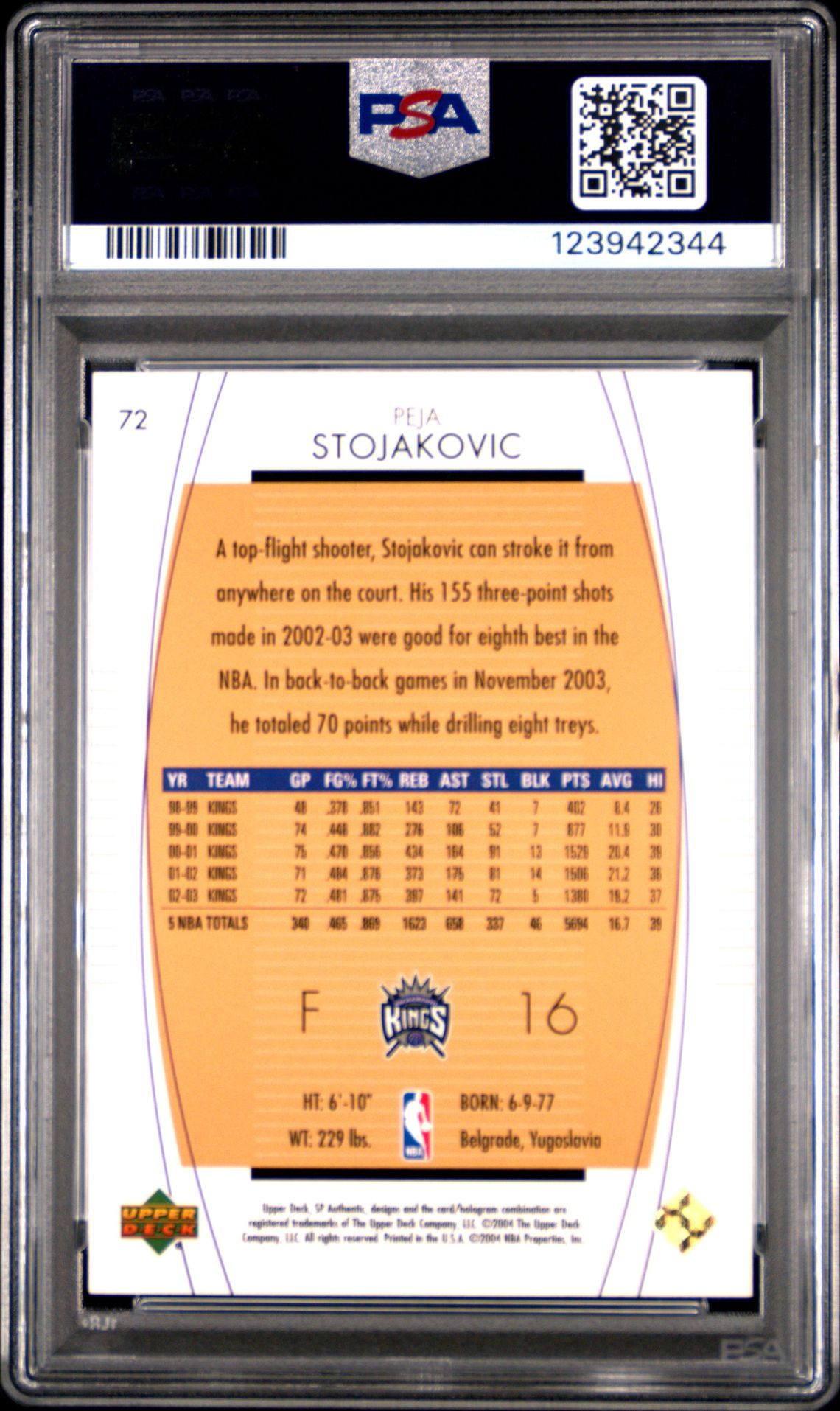 2003 Sp Authentic Peja Stojakovic #72 (Sp Limited) Nm 7 back
