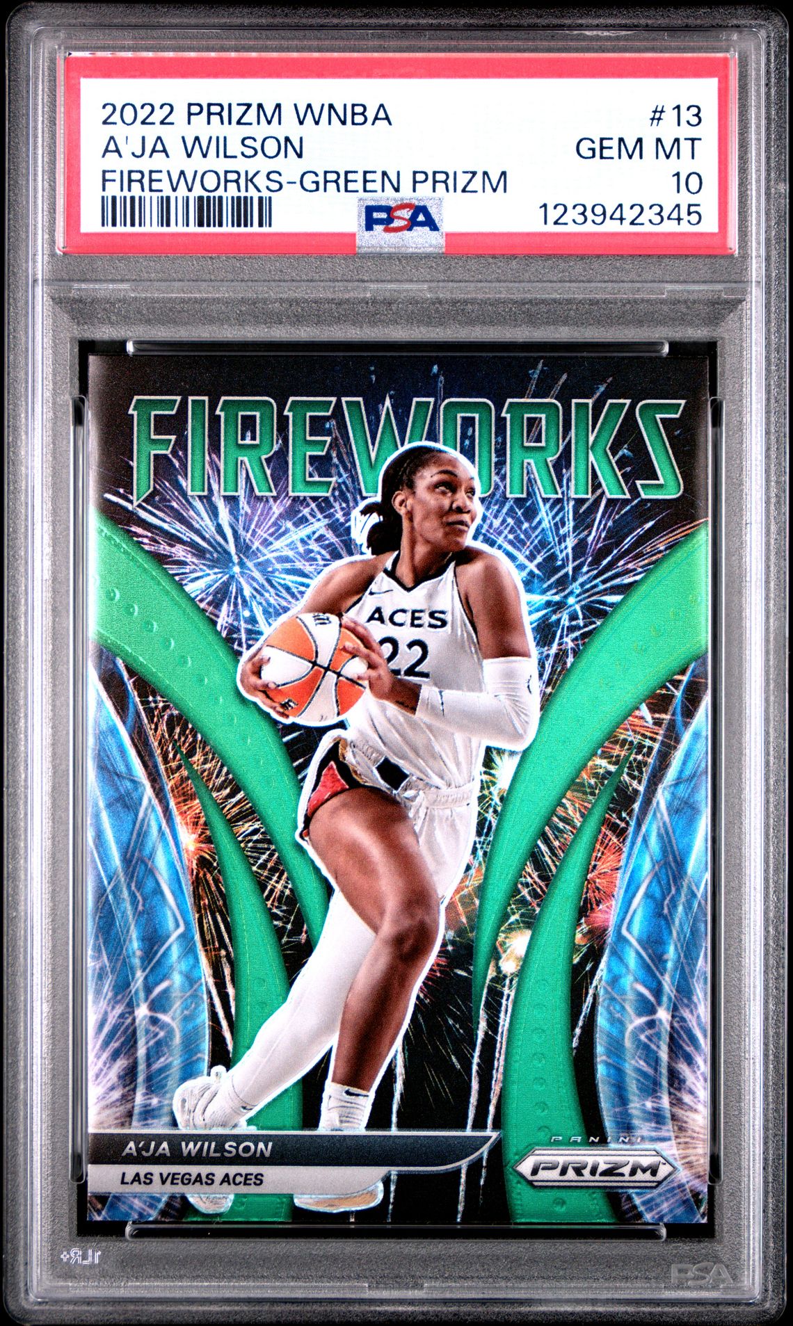2022 Panini Prizm Wnba Fireworks A'ja Wilson #13 (Fireworks-Green Prizm) Gem Mt 10 front