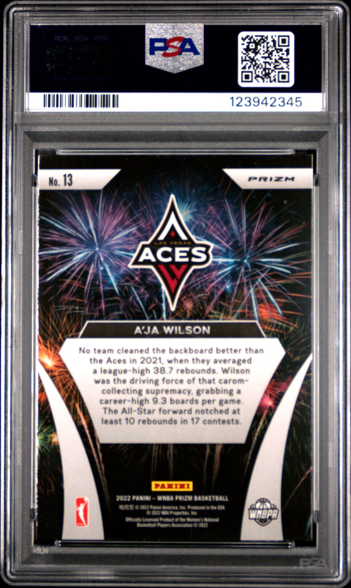 2022 Panini Prizm Wnba Fireworks A'ja Wilson #13 (Fireworks-Green Prizm) Gem Mt 10 back