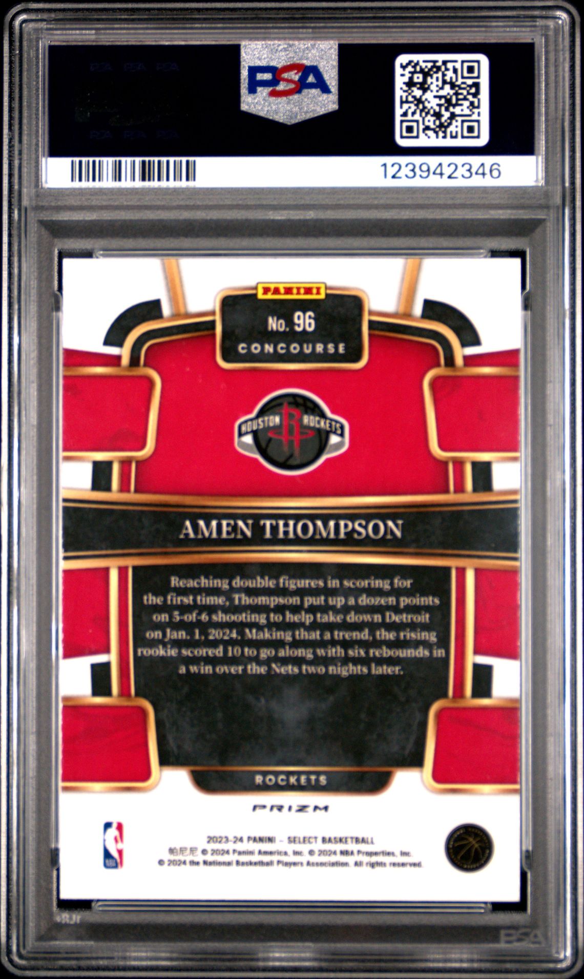 2023 Panini Select Amen Thompson #96 (Blue Prizm) Gem Mt 10 back