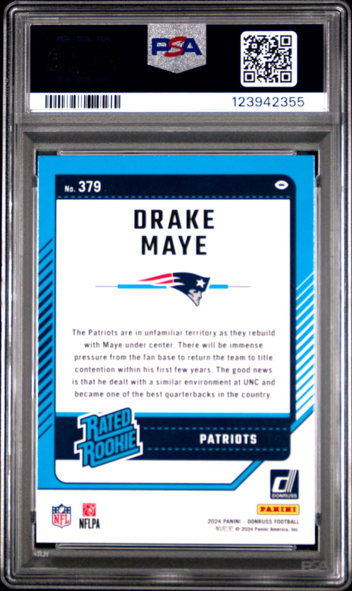 2024 Panini Donruss Drake Maye #379 Gem Mt 10 back