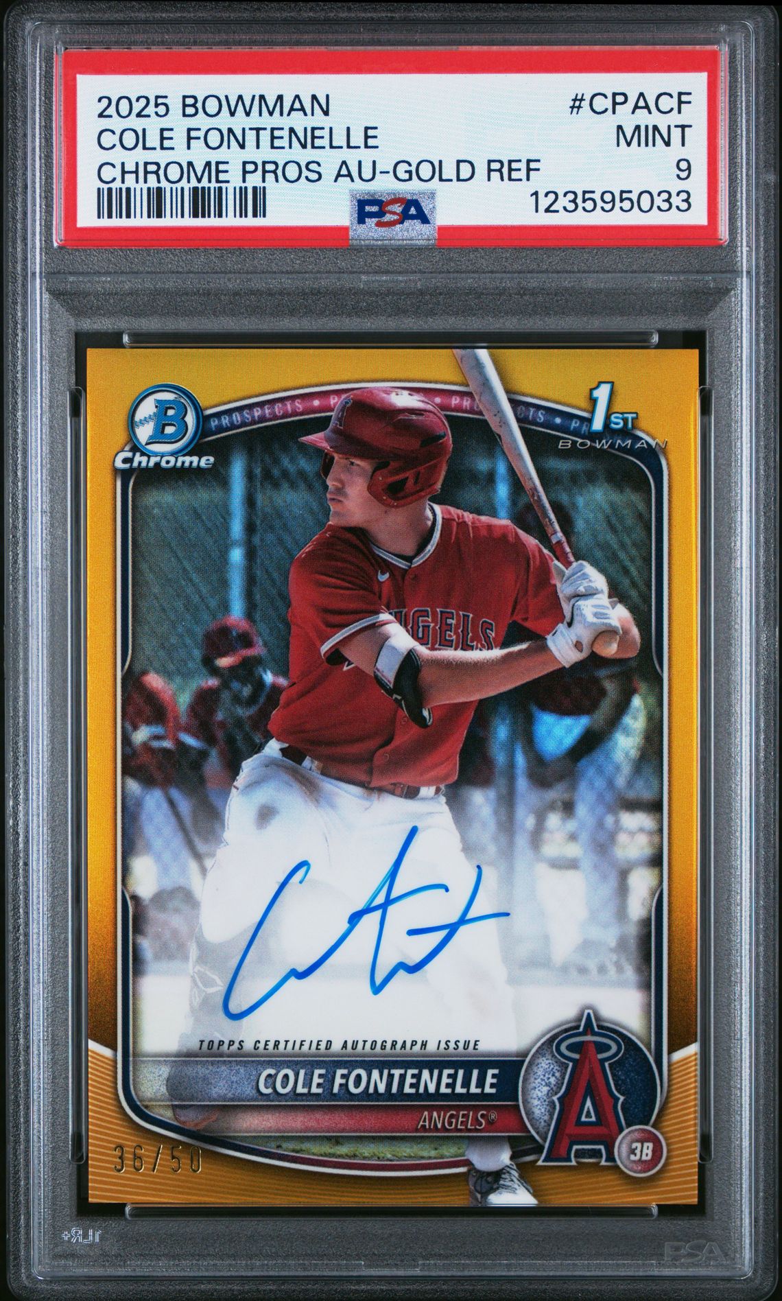 2025 Bowman Chrome Prospect Autographs Cole Fontenelle #Cpacf (Chrome Pros Au-Gold Ref) Mint 9 front
