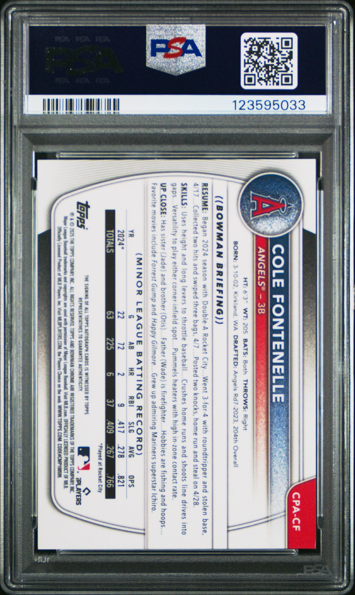 2025 Bowman Chrome Prospect Autographs Cole Fontenelle #Cpacf (Chrome Pros Au-Gold Ref) Mint 9 back