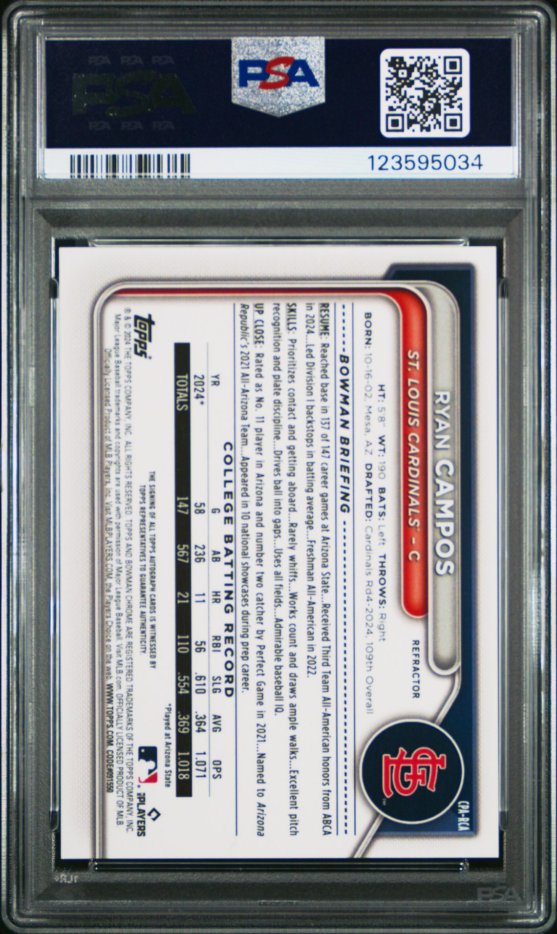 2024 Bowman Draft Chrome Prospect Autographs Ryan Campos #Cparca (Chr Prospect Au-Refractor) Mint 9 back