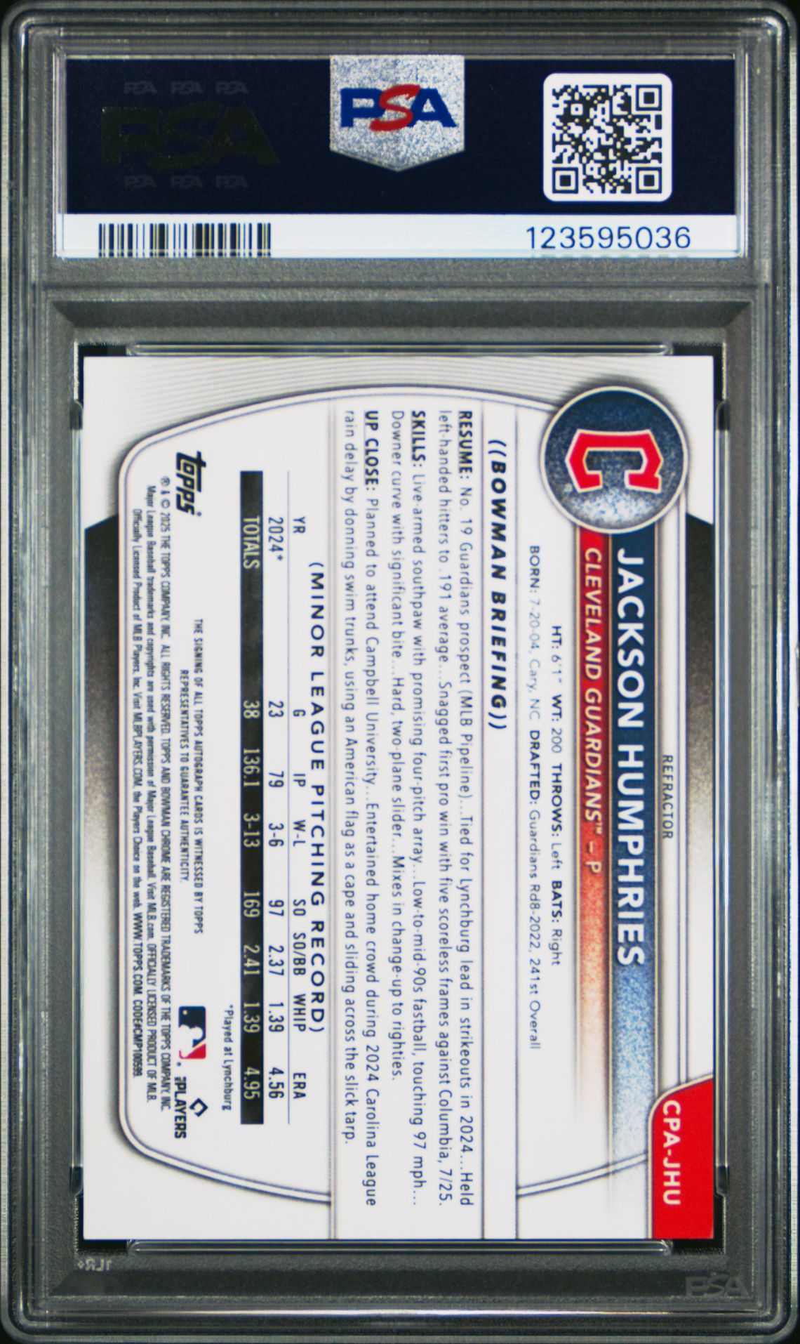2025 Bowman Chrome Prospect Autographs Jackson Humphries #Cpajhu (Chrome Prospect Auto-Ref) Mint 9 back