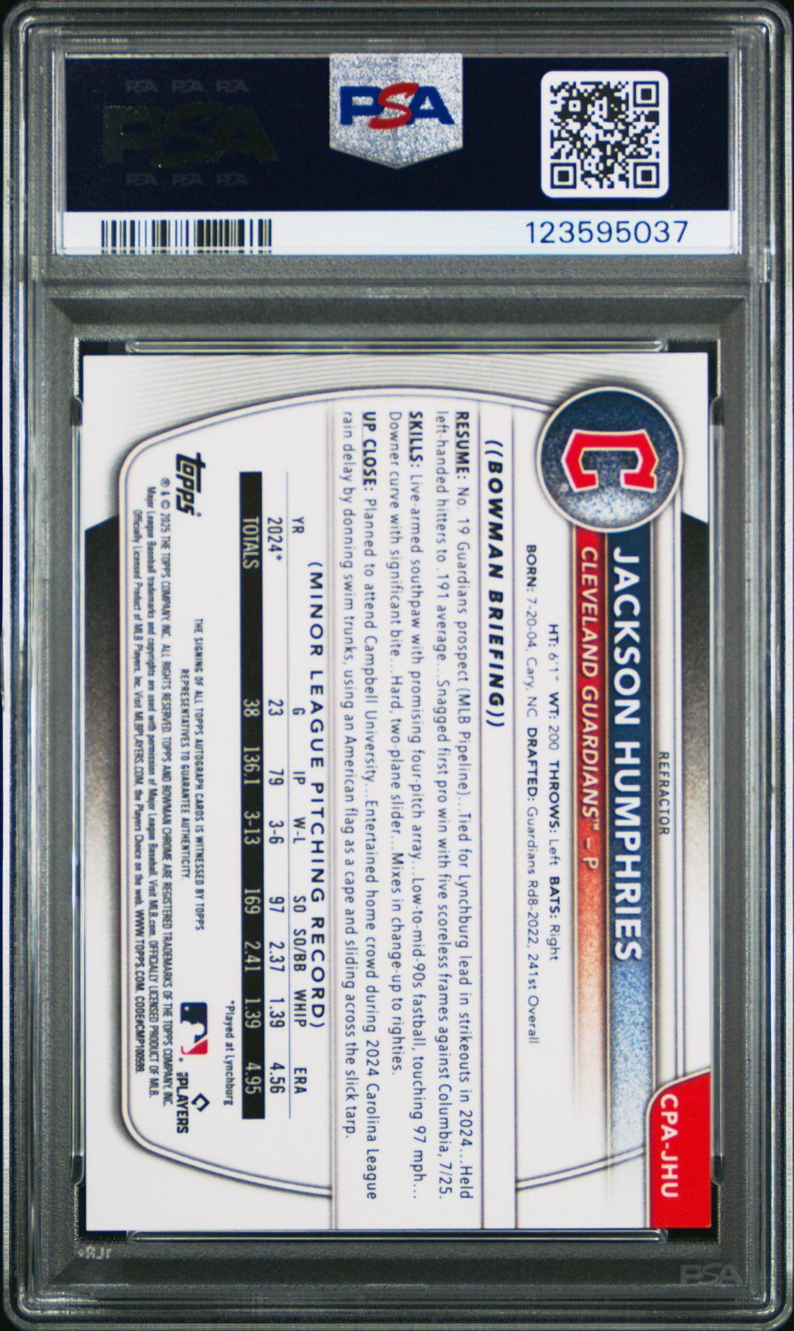 2025 Bowman Chrome Prospect Autographs Jackson Humphries #Cpajhu (Chrome Prospect Auto-Ref) Mint 9 back