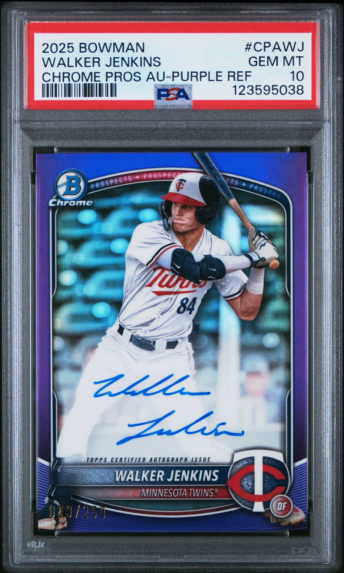 2025 Bowman Chrome Prospect Autographs Walker Jenkins #Cpawj (Chrome Pros Au-Purple Ref) Gem Mt 10 front