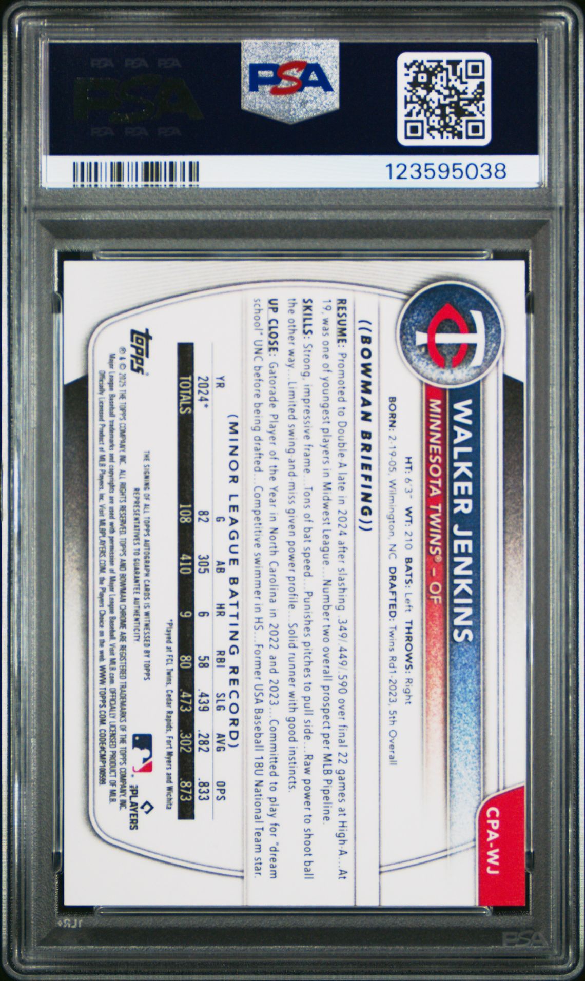 2025 Bowman Chrome Prospect Autographs Walker Jenkins #Cpawj (Chrome Pros Au-Purple Ref) Gem Mt 10 back