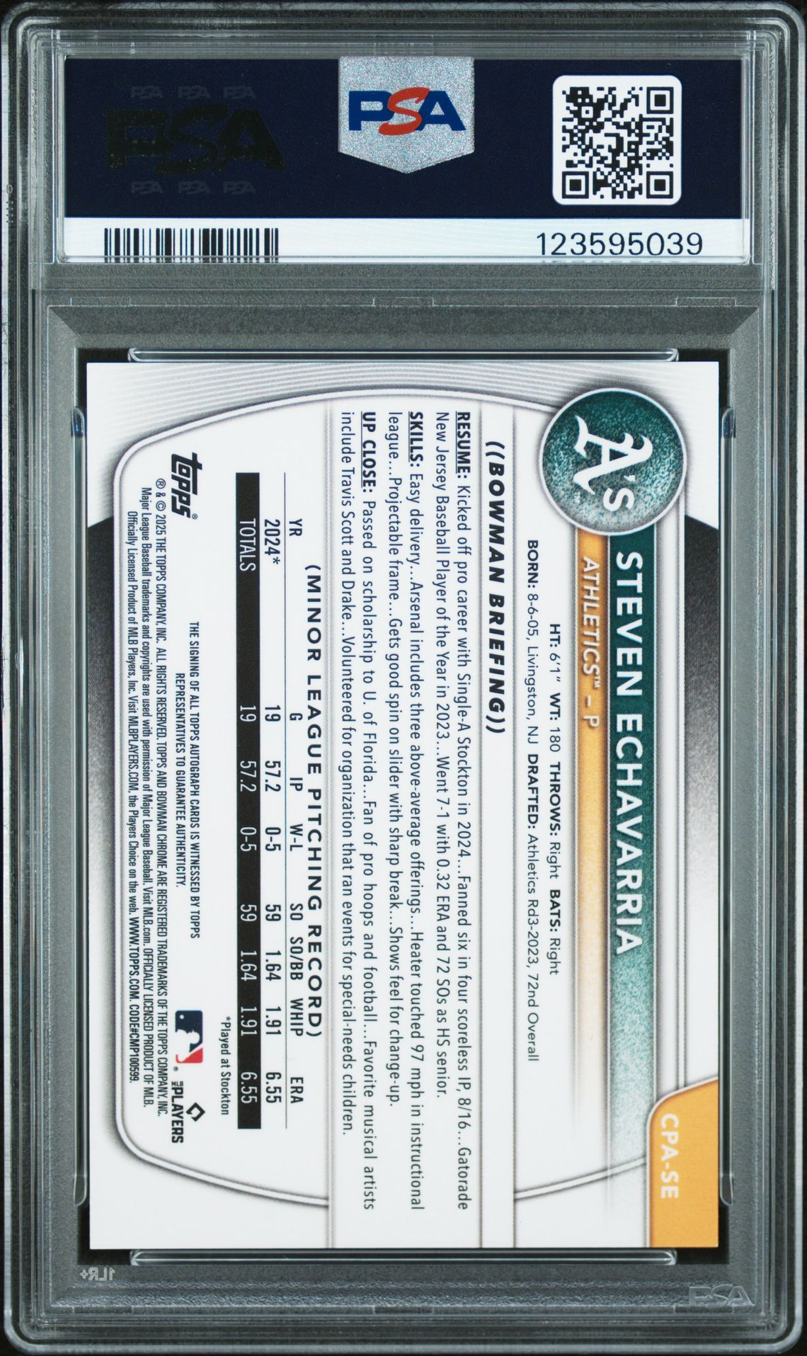 2025 Bowman Chrome Prospect Autographs Steven Echavarria #Cpase Mint 9 back